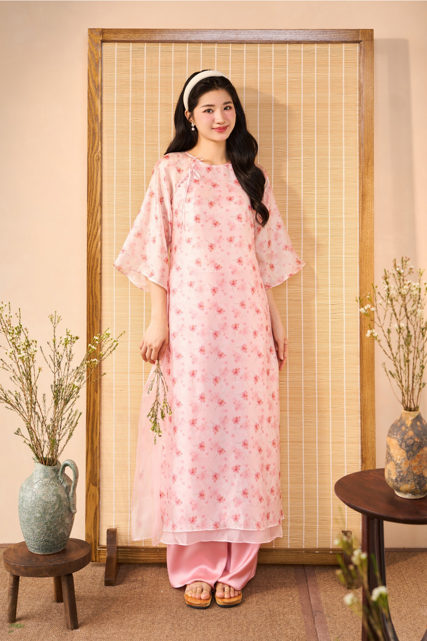 Pink Floral Straight Form Ao Dai (with pants)