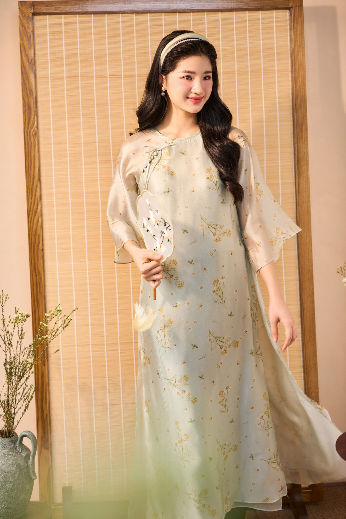 Green Printed Floral Modern Straight Form Ao Dai (with pants)