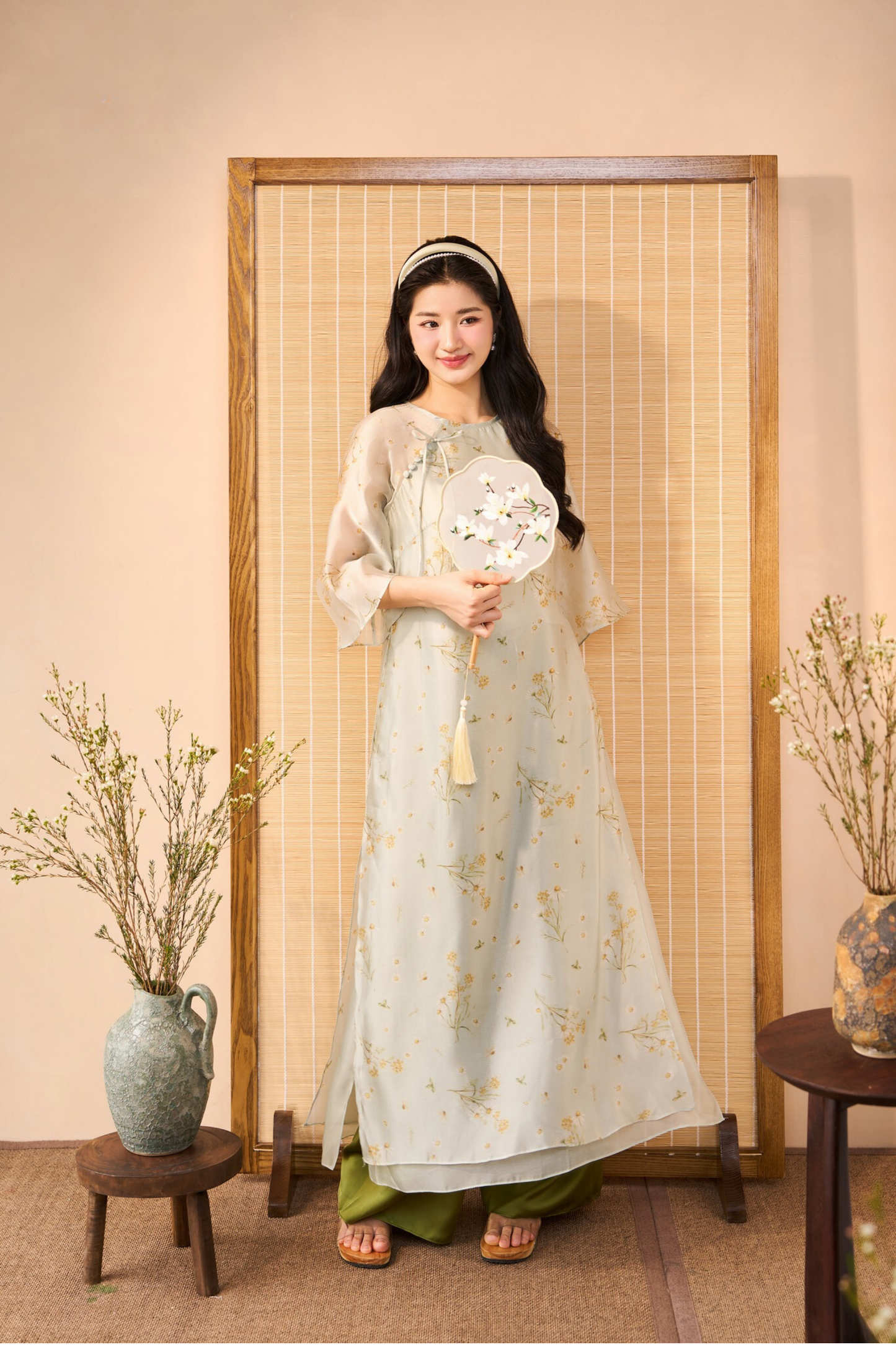 Green Printed Floral Modern Straight Form Ao Dai (with pants)