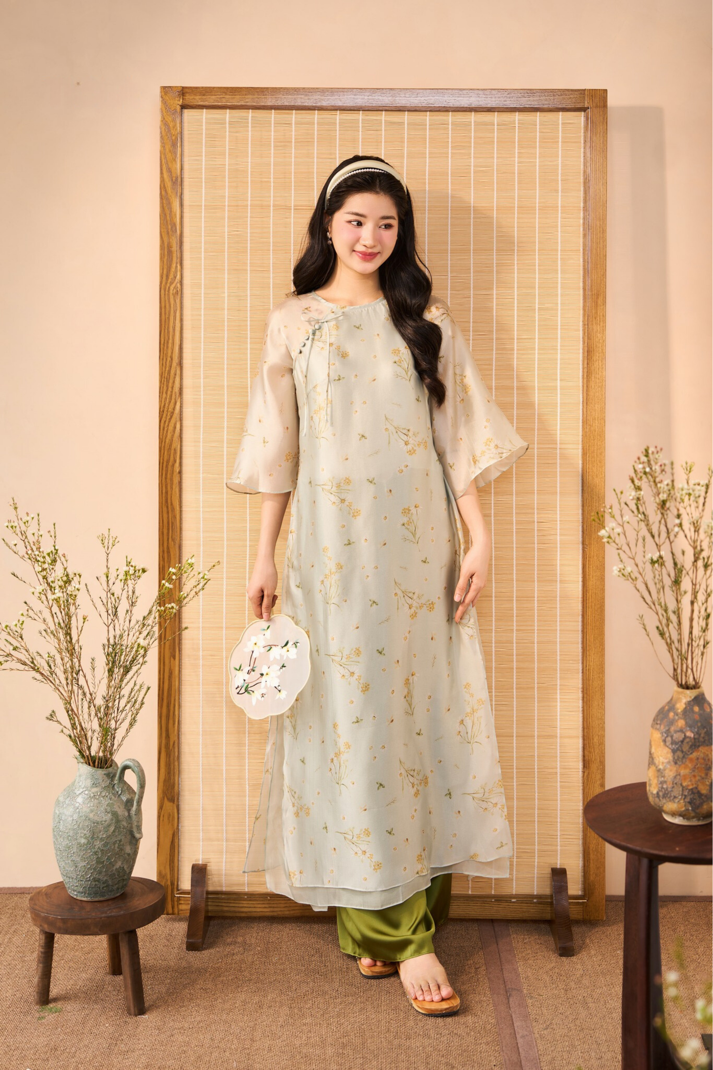 Green Printed Floral Modern Straight Form Ao Dai (with pants)