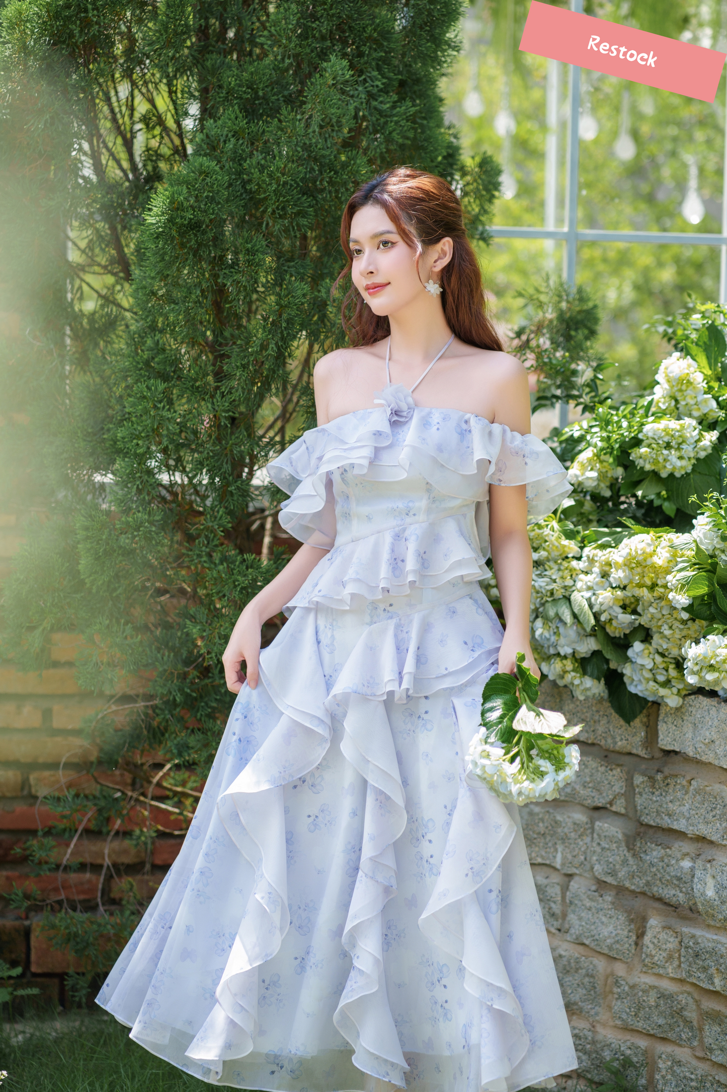Sara - elegant off shoulder blue floral midi dress