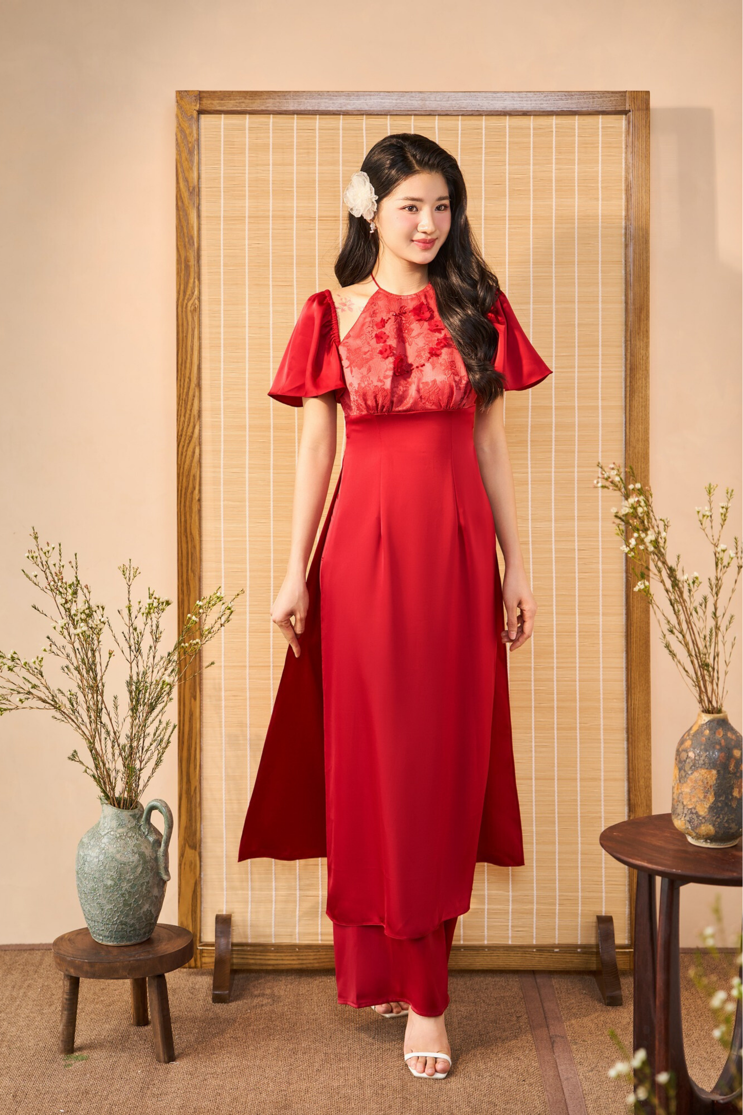 Red Short Sleeves Modern Ao Dai (with pants)
