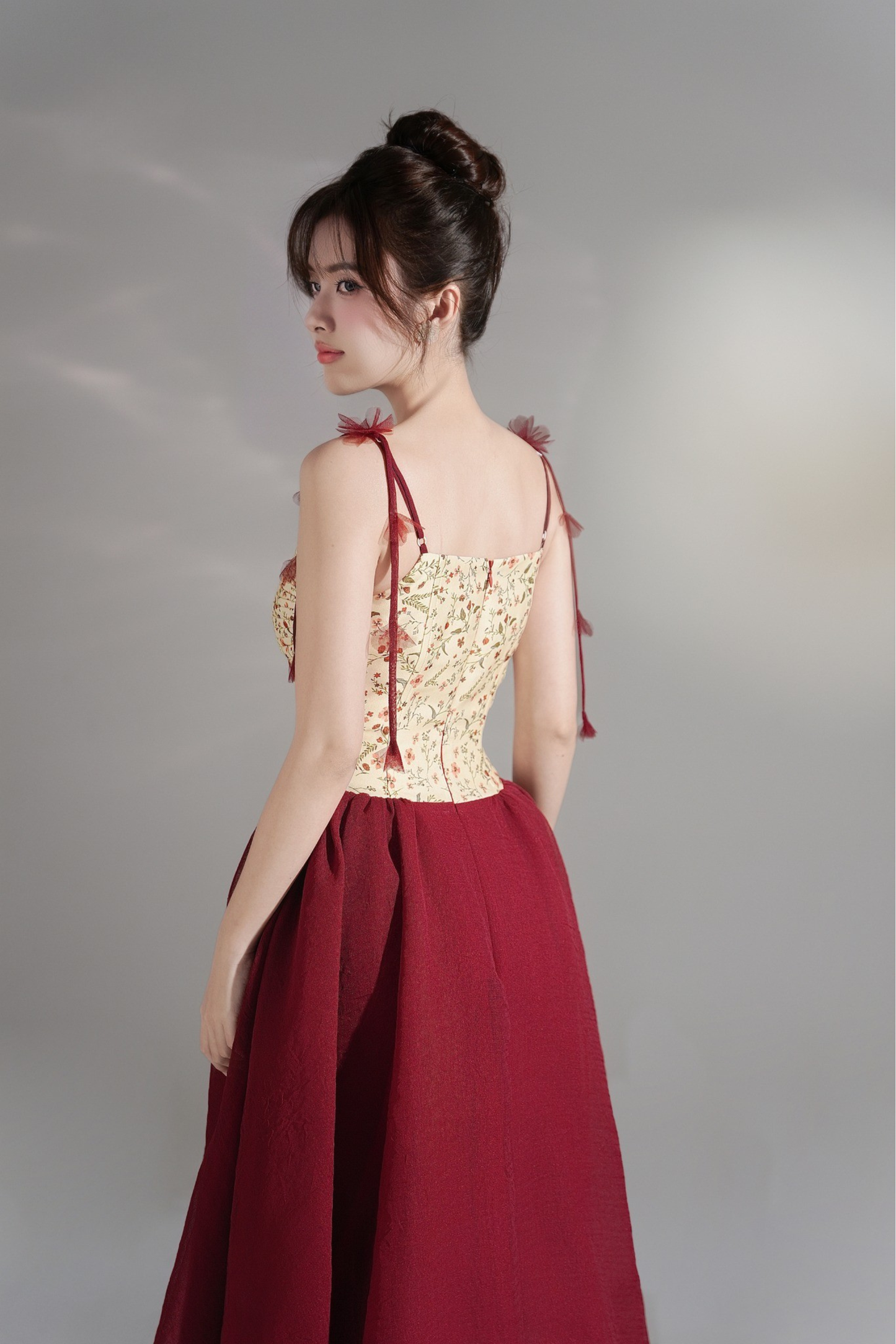 Scarlett Dress - Burgundy Mini Floral Pattern Vintage Maxi Dress