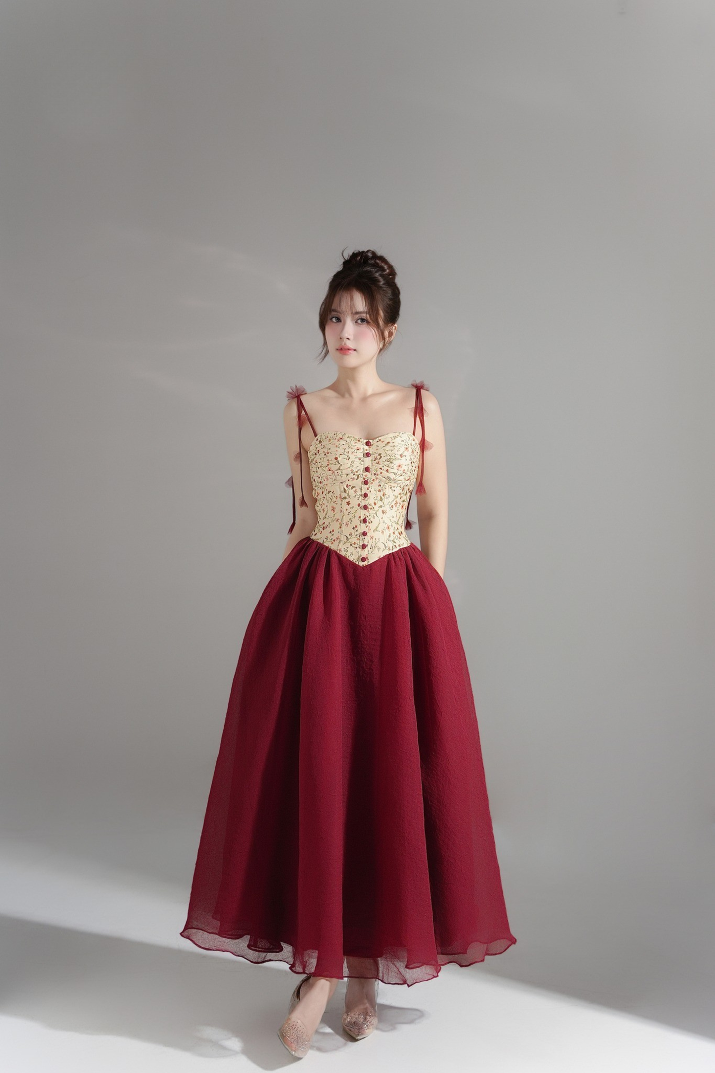 Scarlett Dress - Burgundy Mini Floral Pattern Vintage Maxi Dress