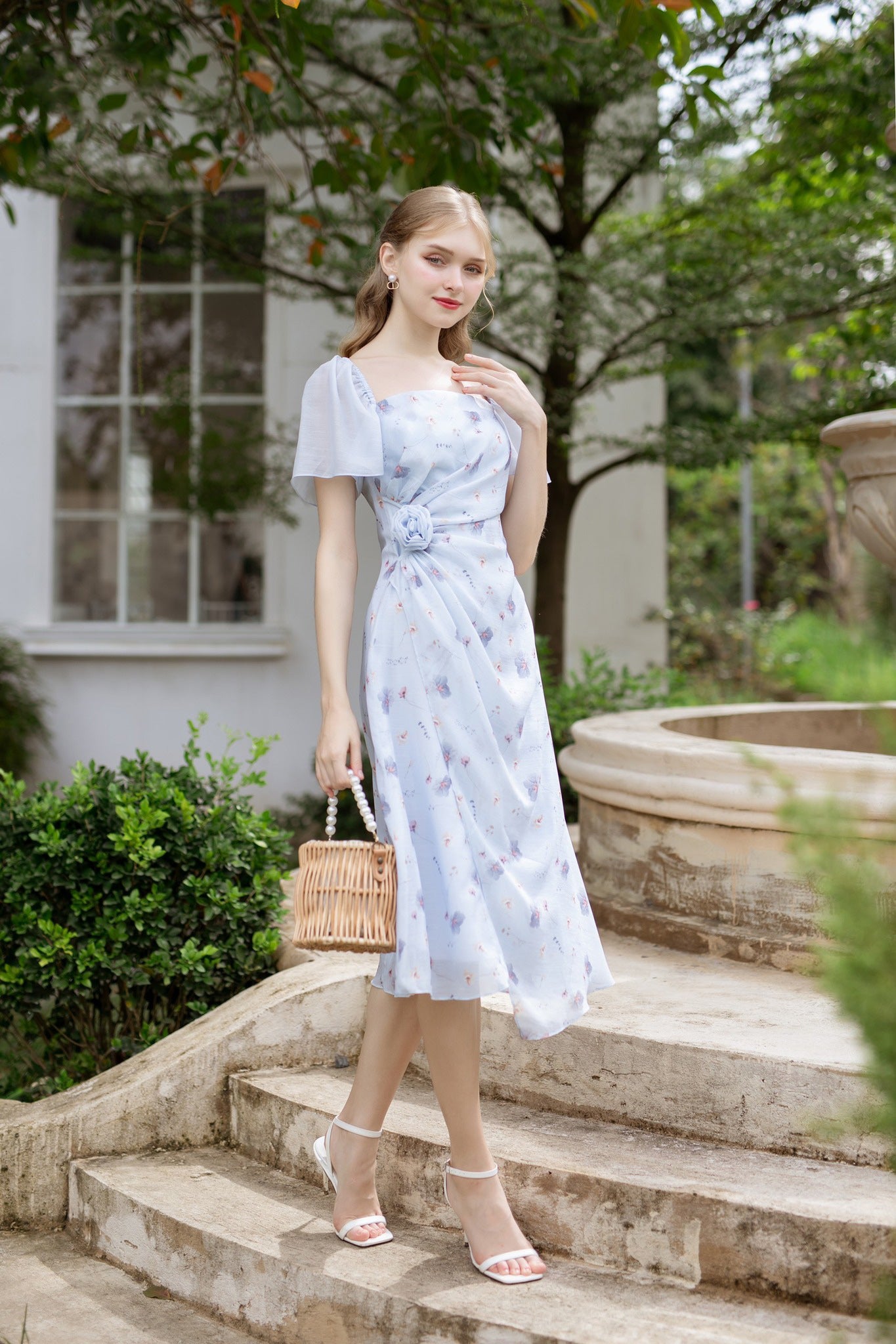 Ixora - short sleeve one side flower midi dress