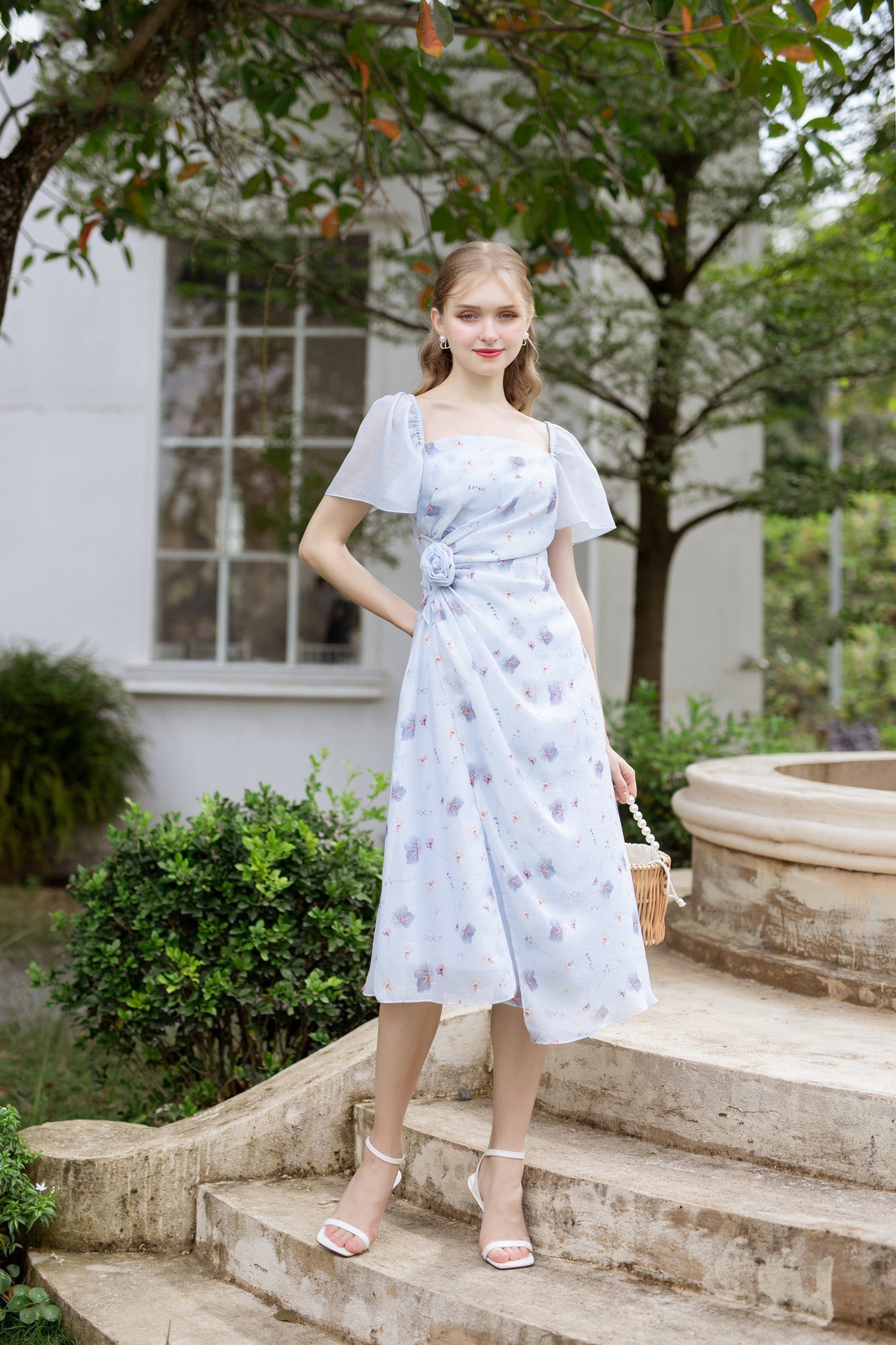 Ixora - short sleeve one side flower midi dress