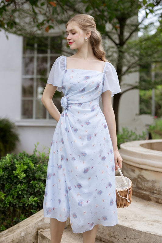 Ixora - short sleeve one side flower midi dress