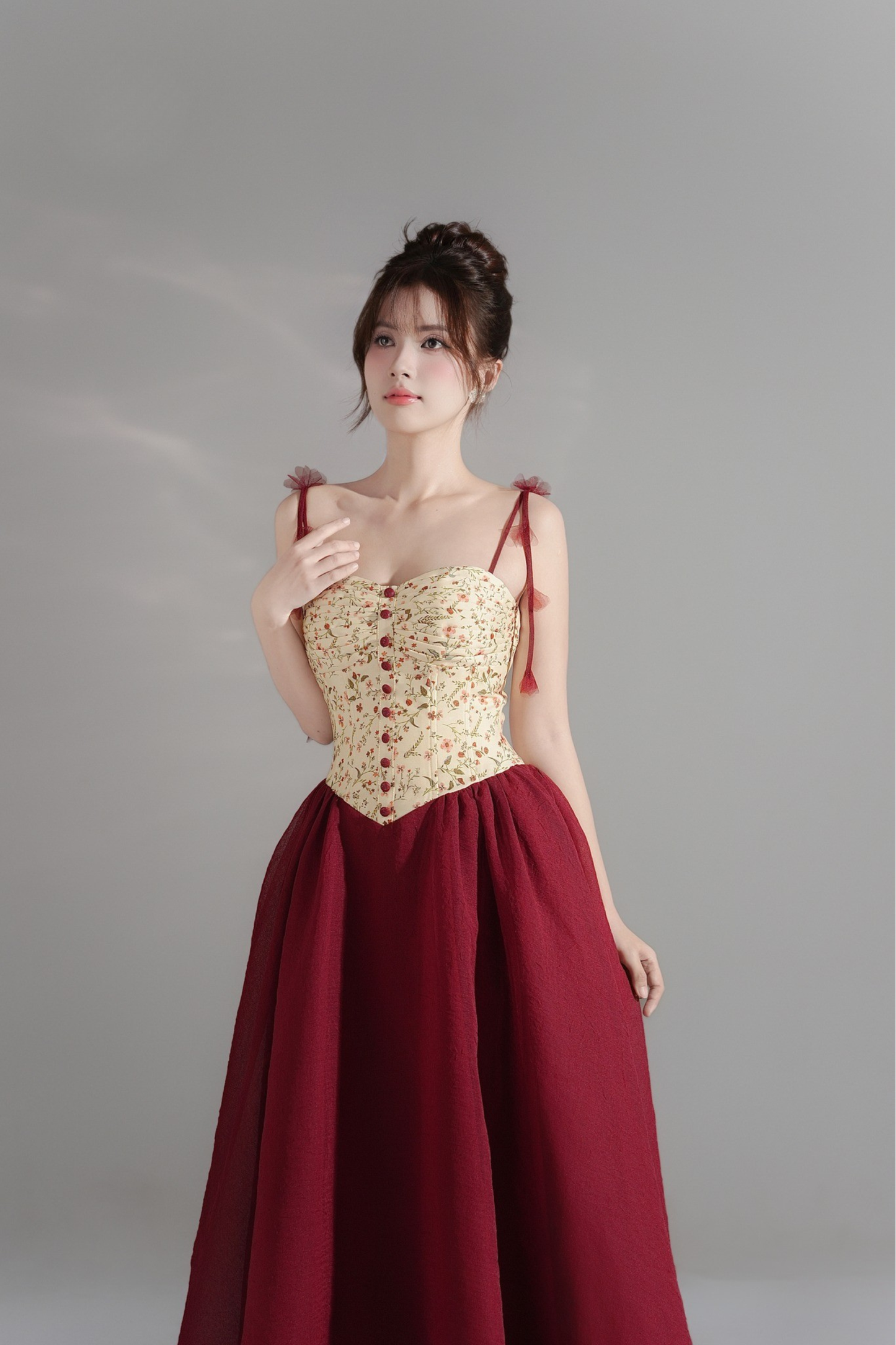 Scarlett Dress - Burgundy Mini Floral Pattern Vintage Maxi Dress