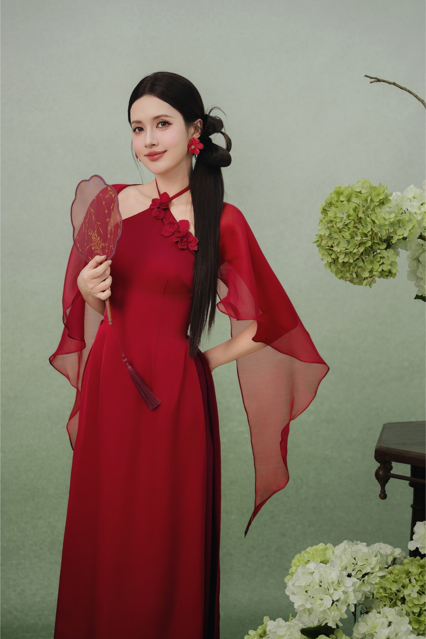 Mai - Red Halter Neck Modern Ao Dai (with pants and shawl)