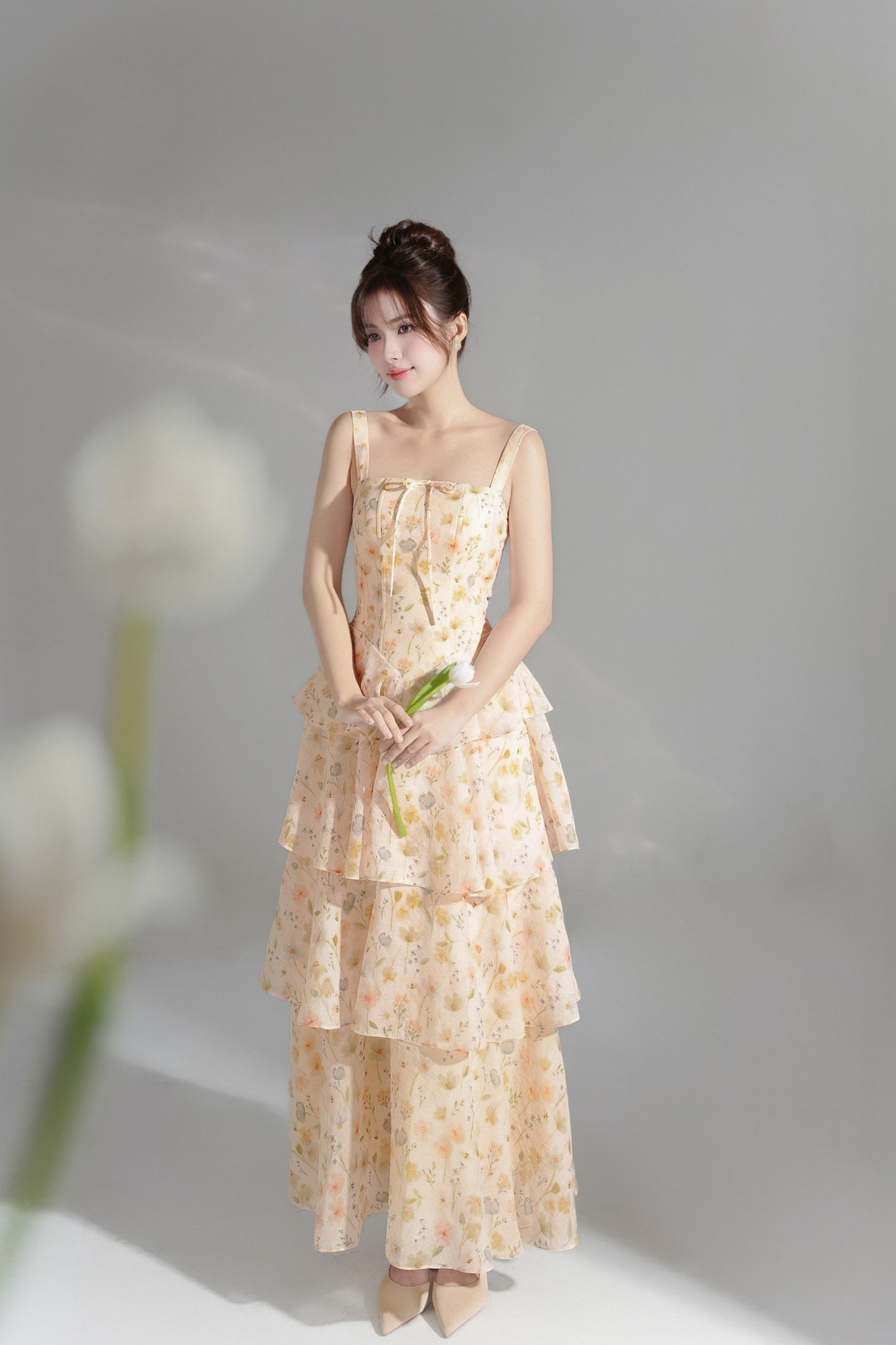 Amber Dress - Pastel Orange Mixed Floral Layer Maxi Dress