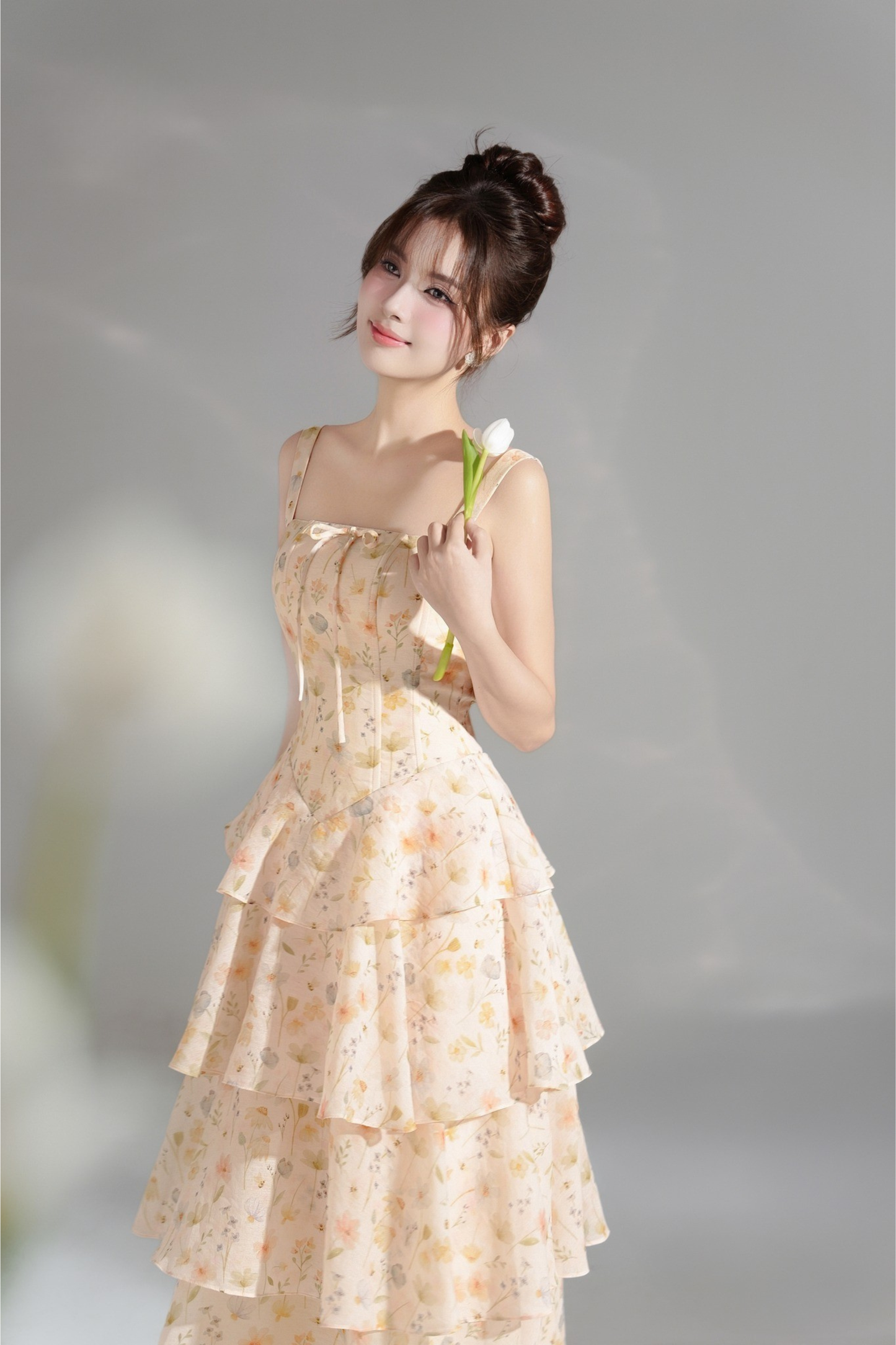 Amber Dress - Pastel Orange Mixed Floral Layer Maxi Dress