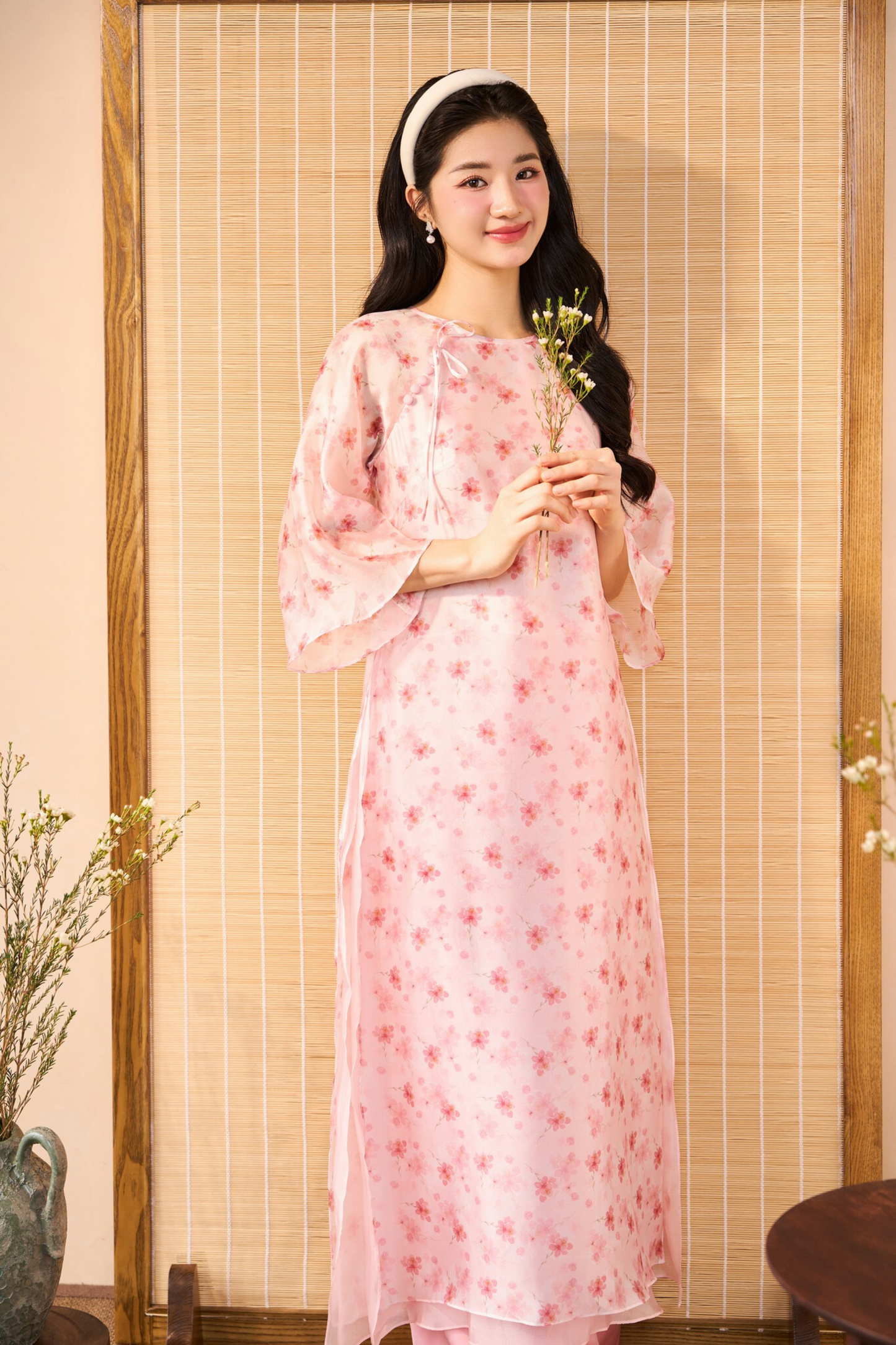 Pink Floral Straight Form Ao Dai (with pants)