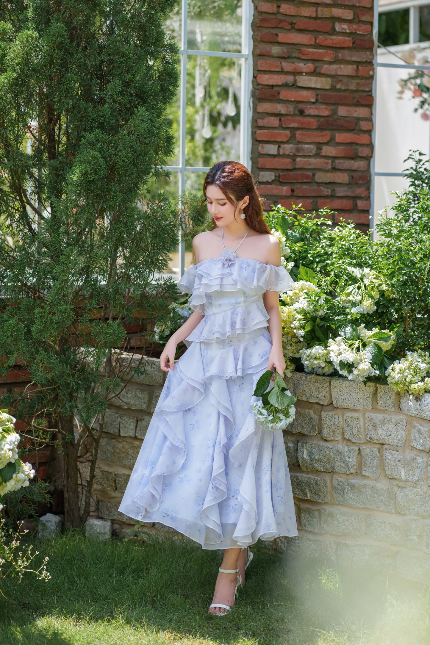 Sara - elegant off shoulder blue floral midi dress