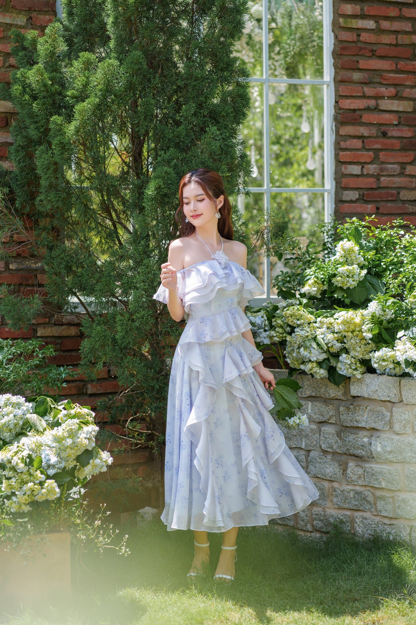 Sara - elegant off shoulder blue floral midi dress