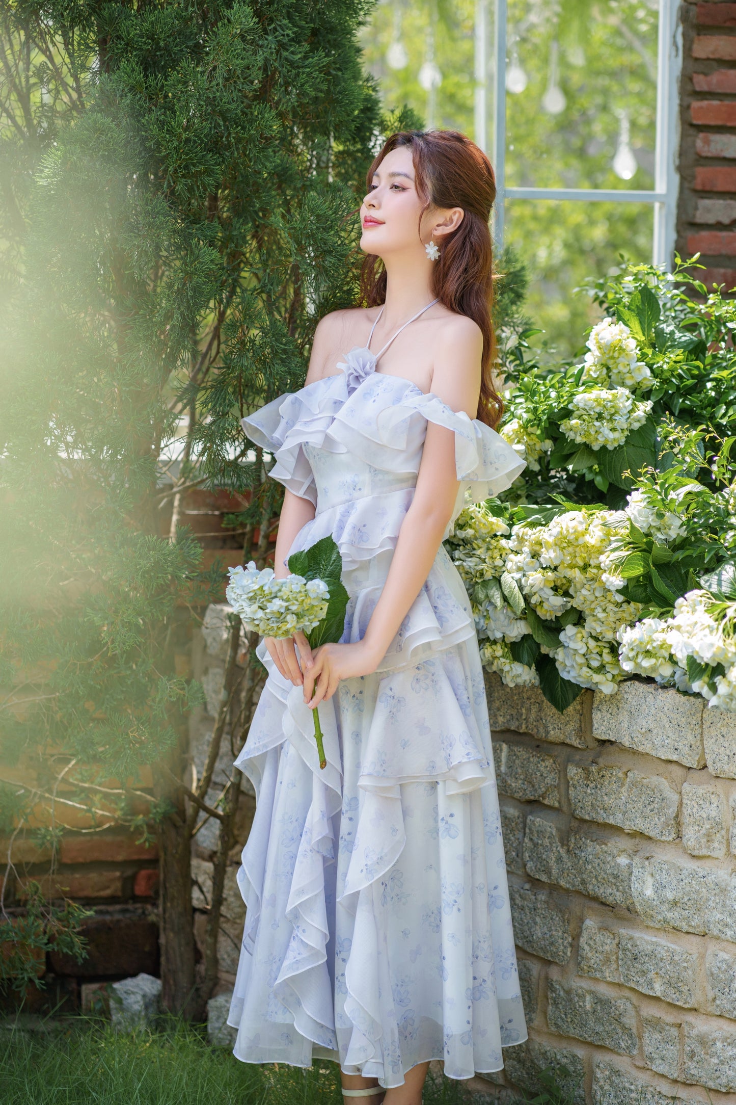 Sara - elegant off shoulder blue floral midi dress