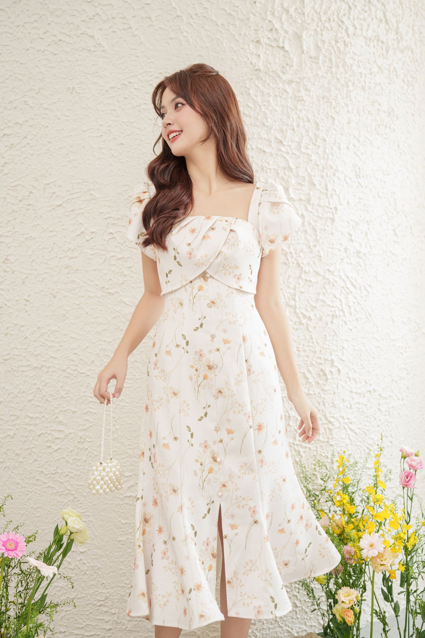 Cassia - short sleeve fall floral printed midi dress