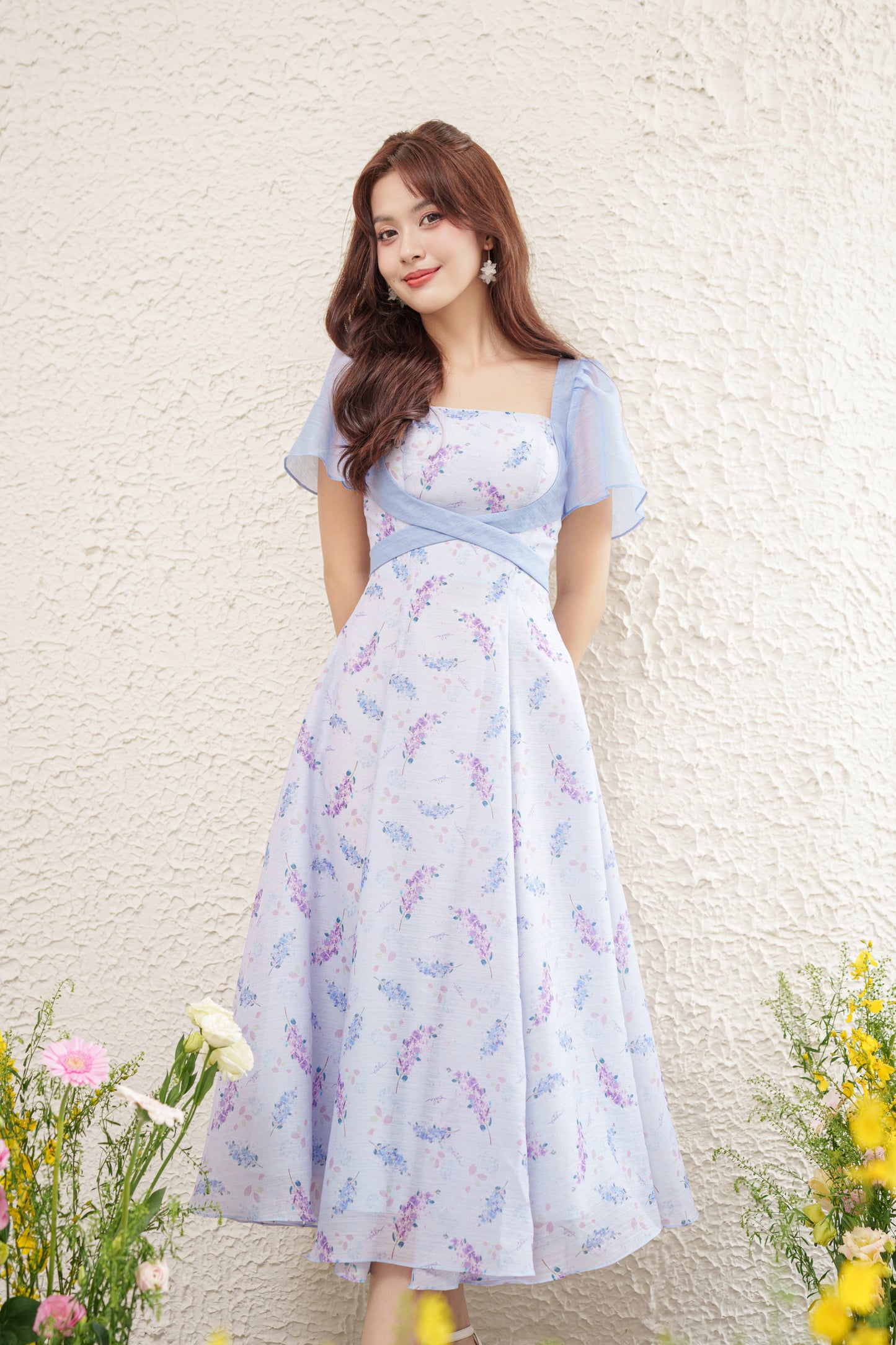 Aster - Blue and purple pastel floral midi dress