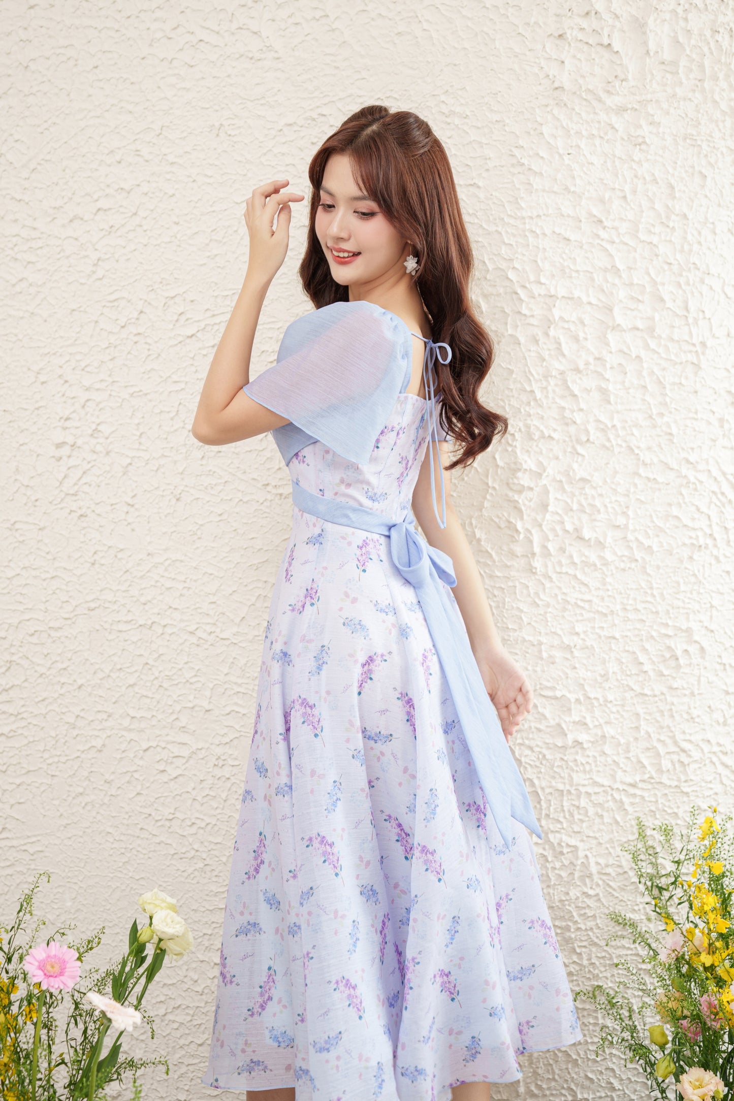 Aster - Blue and purple pastel floral midi dress