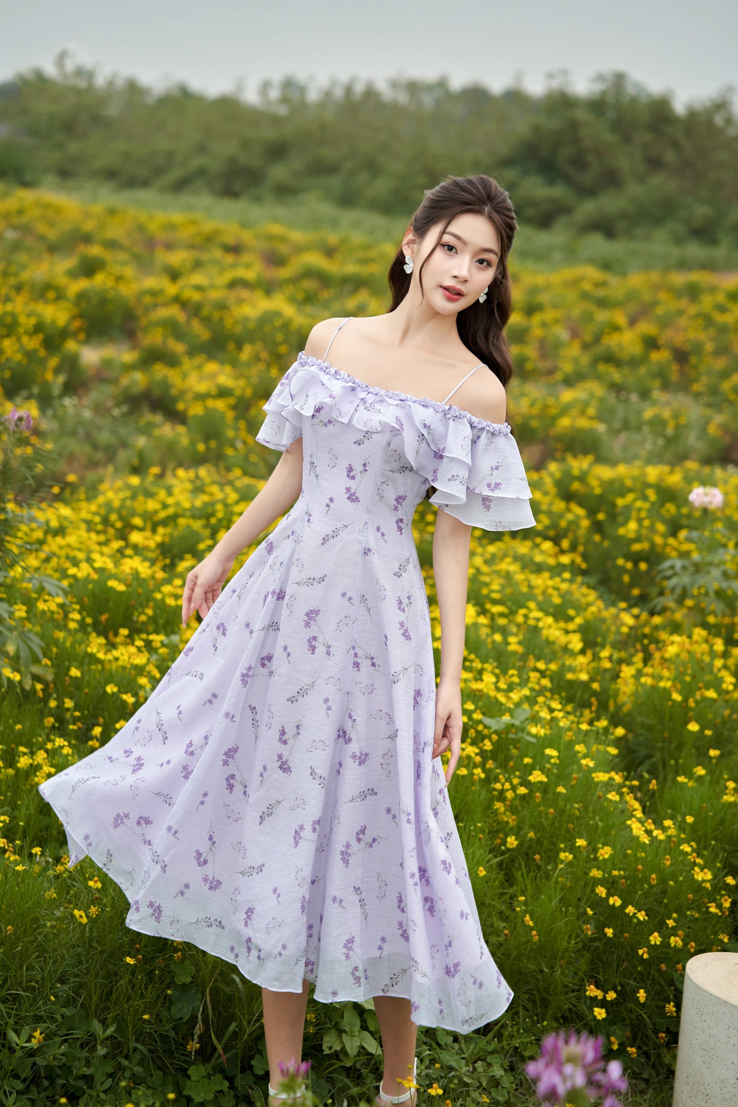 Lilac - Romantic garden printed floral midi dress in purple color