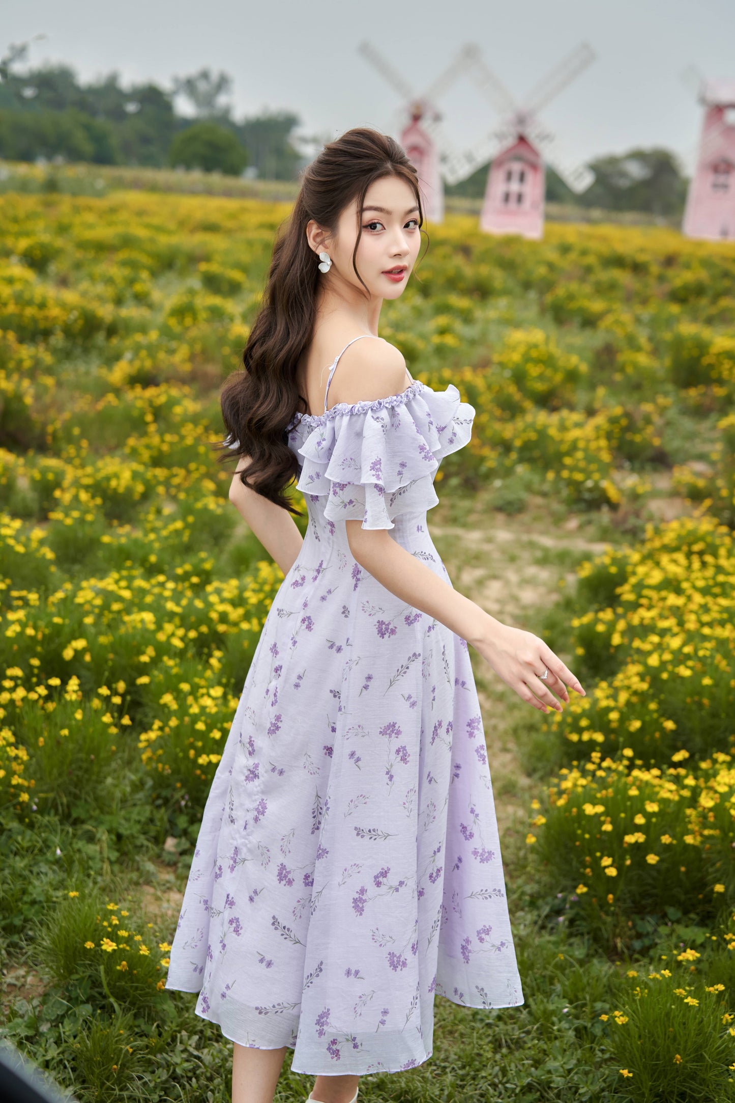 Lilac - Romantic garden printed floral midi dress in purple color