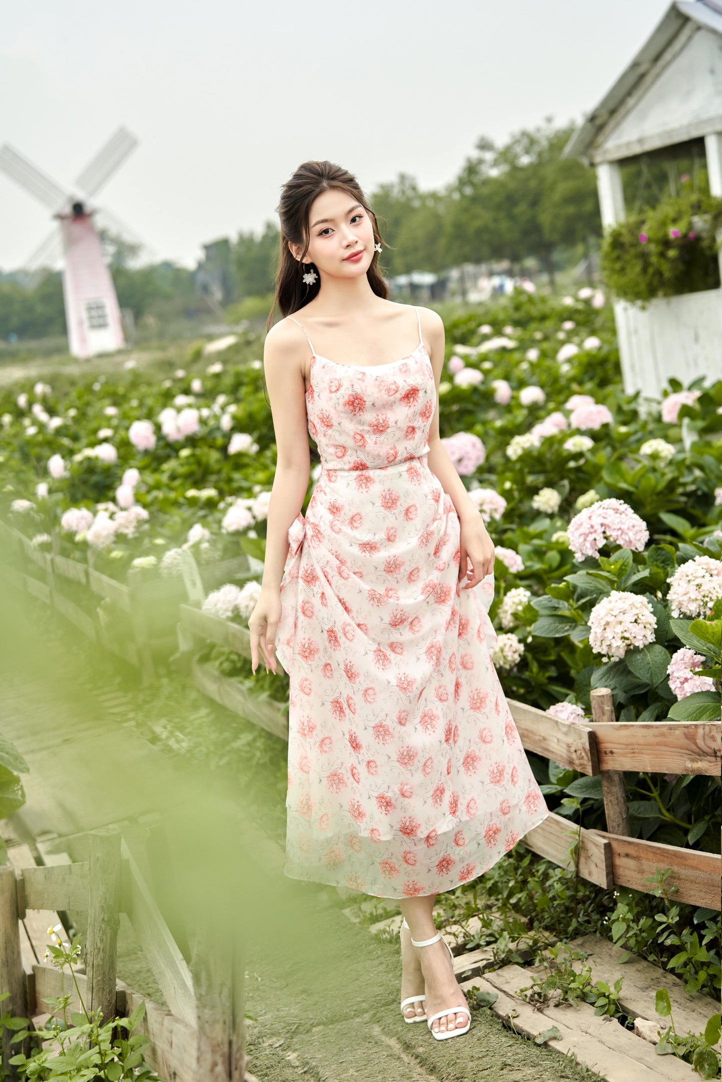 Peony - elegant romantic side flower midi dress