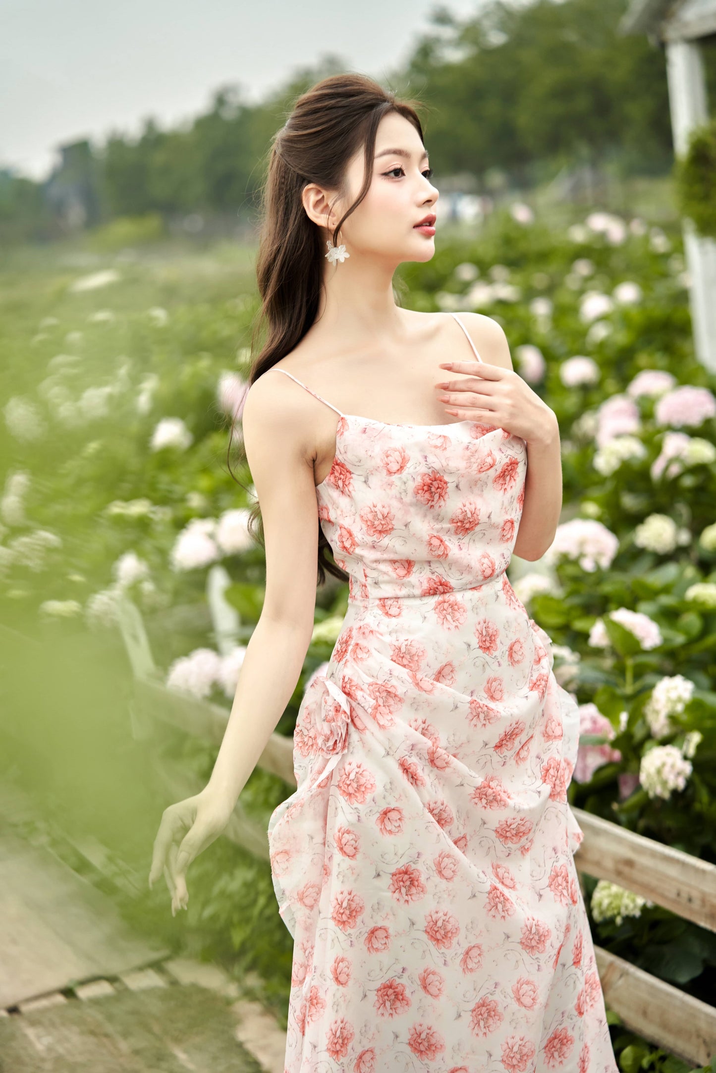 Peony - elegant romantic side flower midi dress