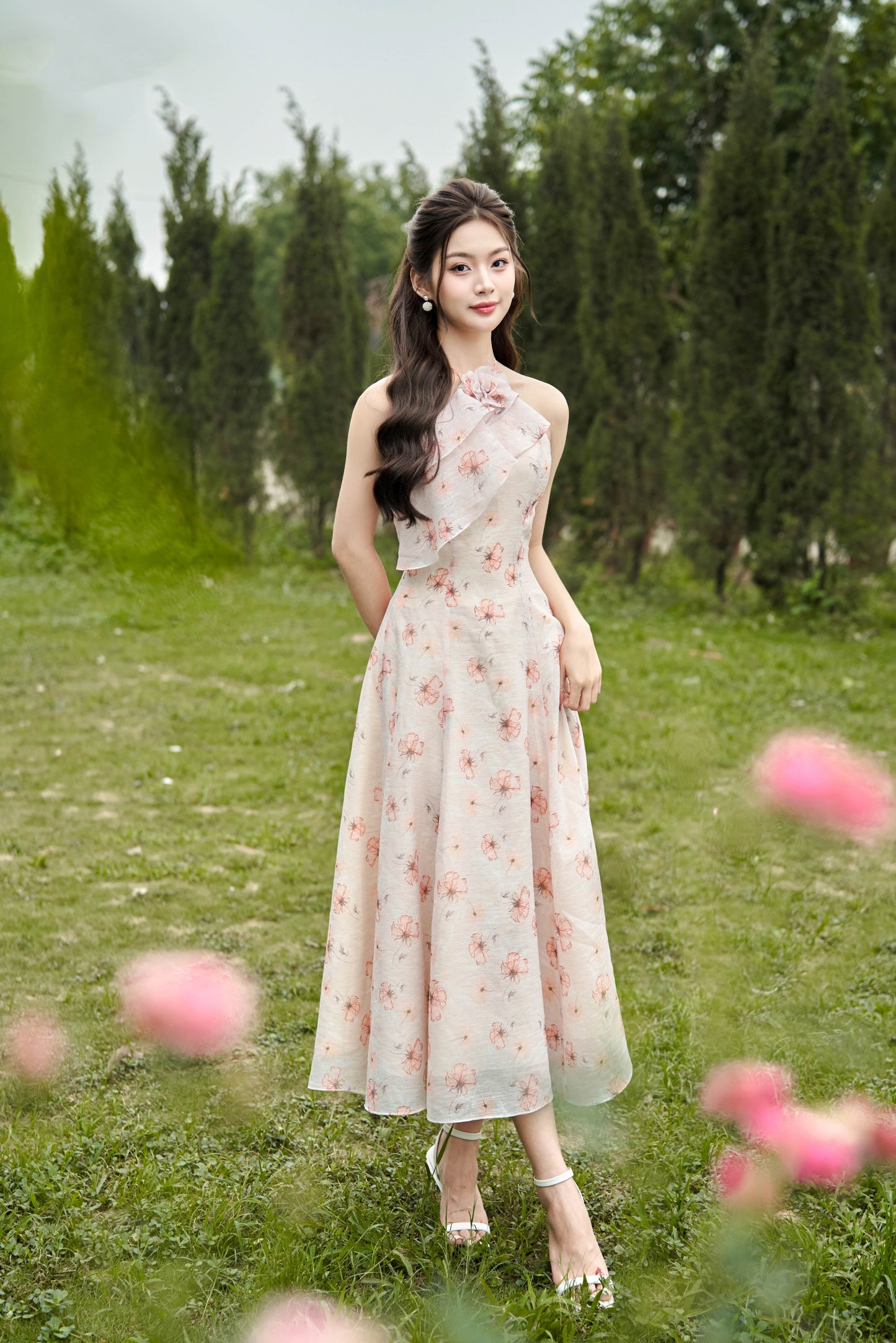 Dahlia - Romantic, feminine and elegant garden printed floral midi dress in light pink color.