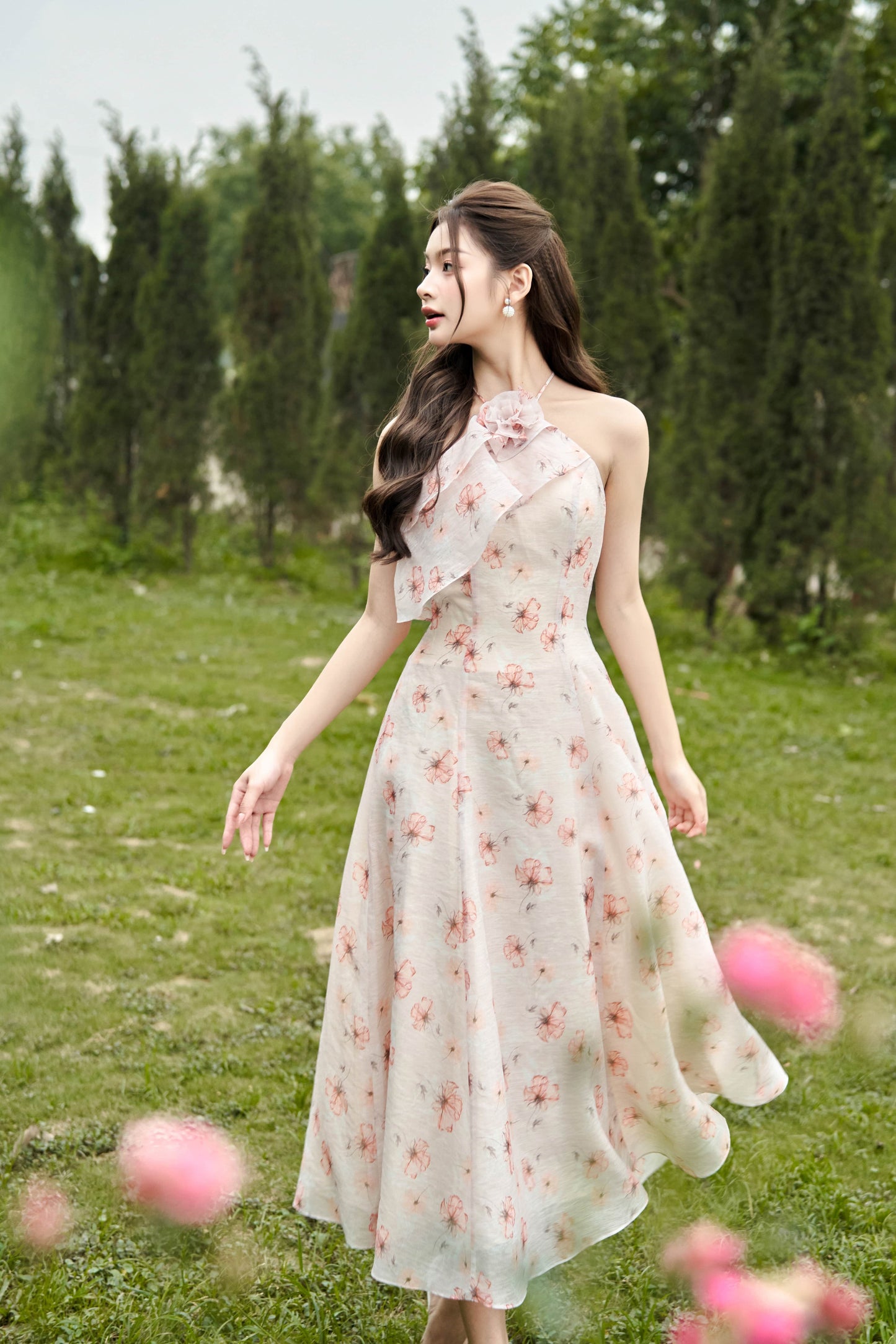 Dahlia - Romantic, feminine and elegant garden printed floral midi dress in light pink color.
