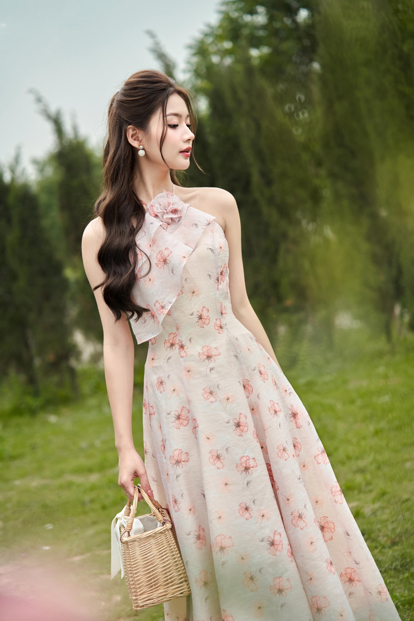 Dahlia - Romantic, feminine and elegant garden printed floral midi dress in light pink color.