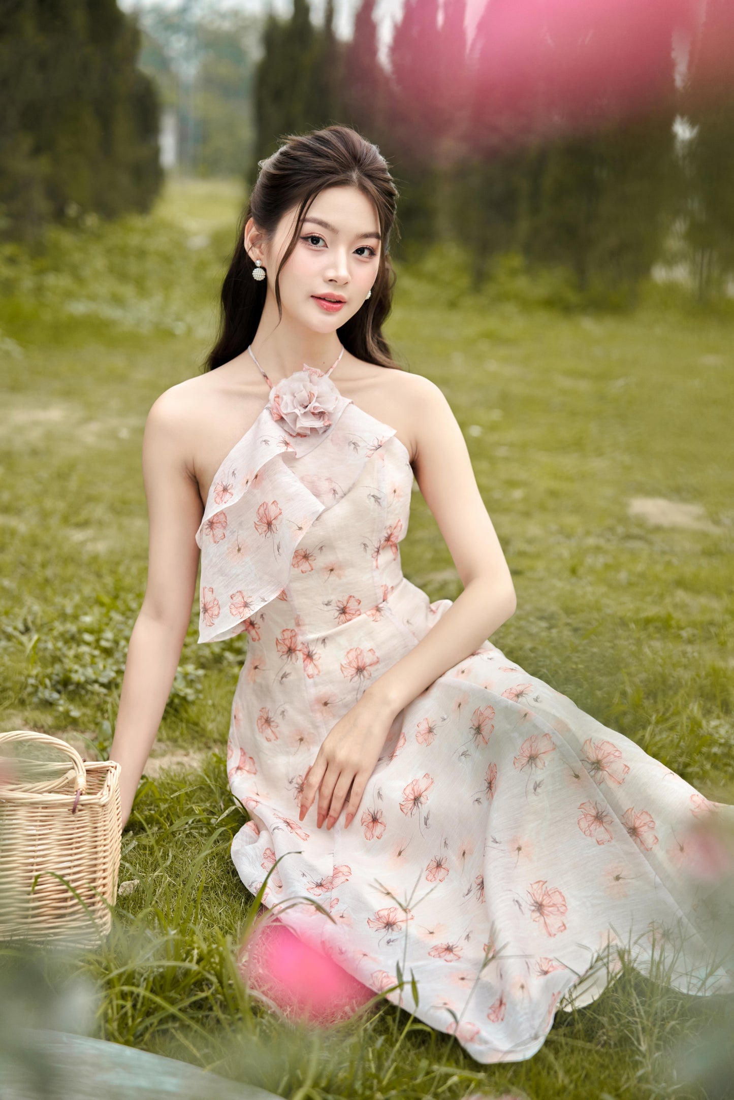Dahlia - Romantic, feminine and elegant garden printed floral midi dress in light pink color.