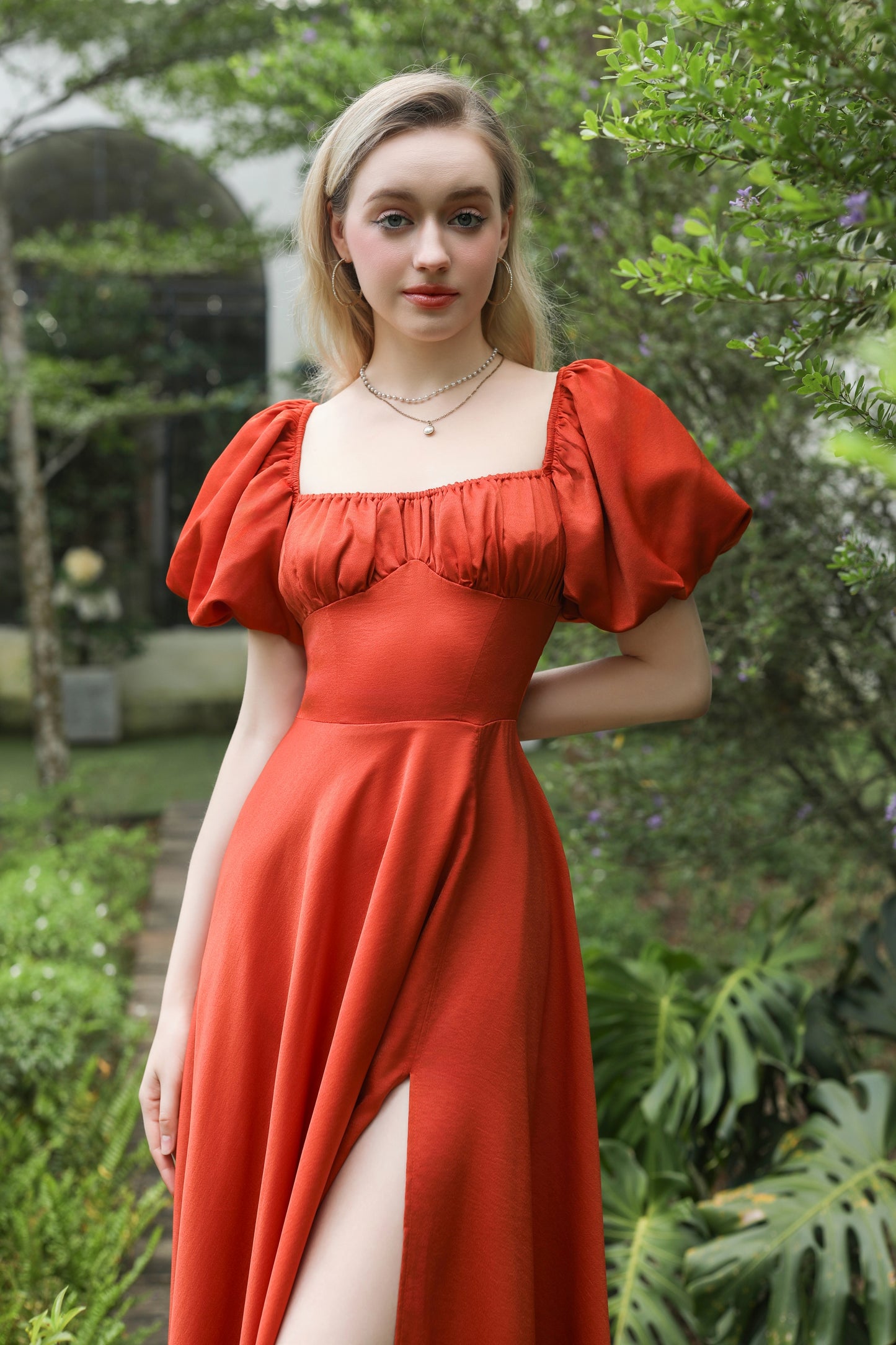 Fiesta - orange puff sleeve midi dress