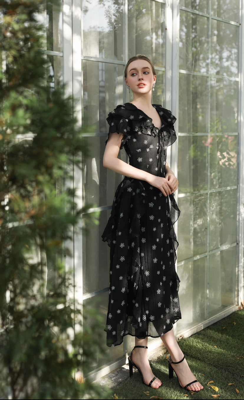 Devon - black floral midi dress