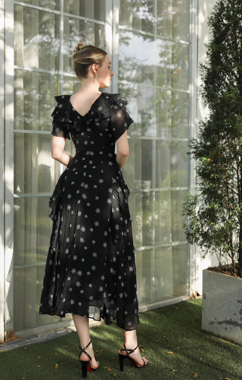 Devon - black floral midi dress