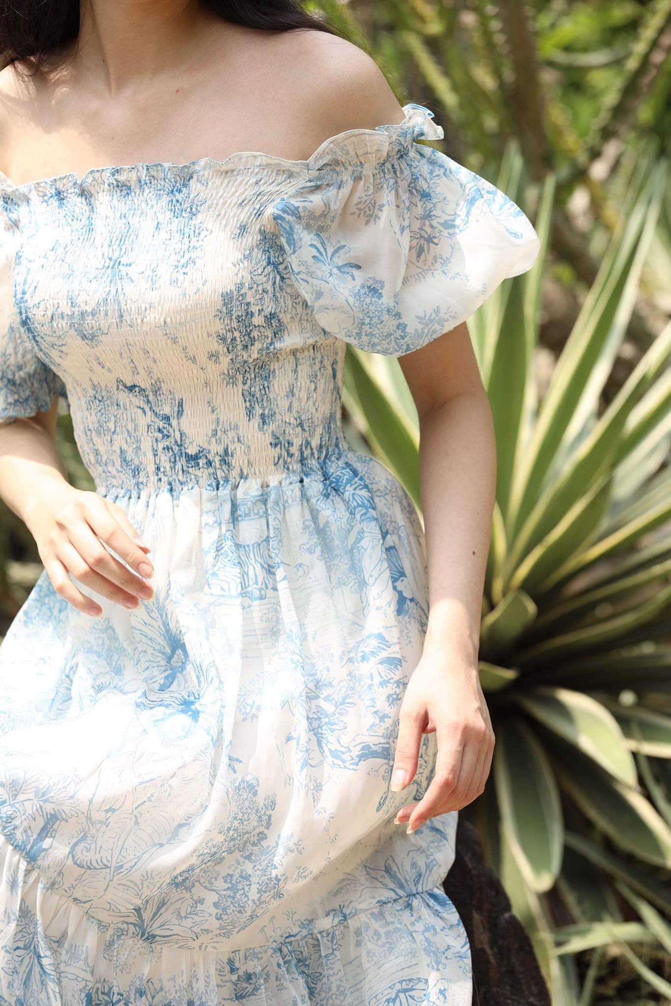 Mila - off shoulder shirred printed floral midi dress