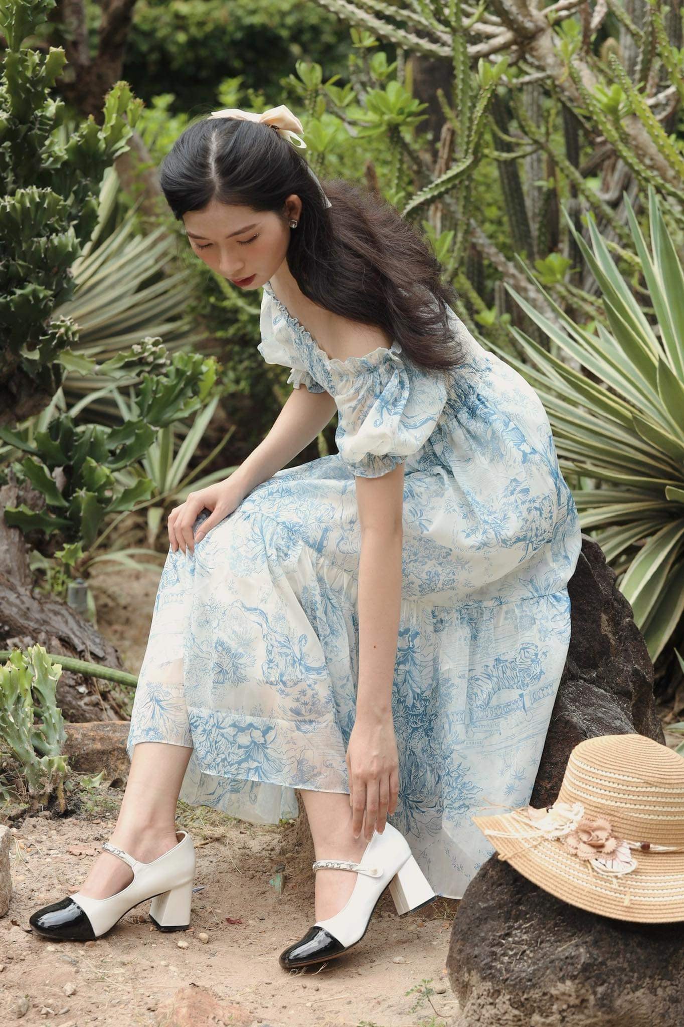 Mila - off shoulder shirred printed floral midi dress