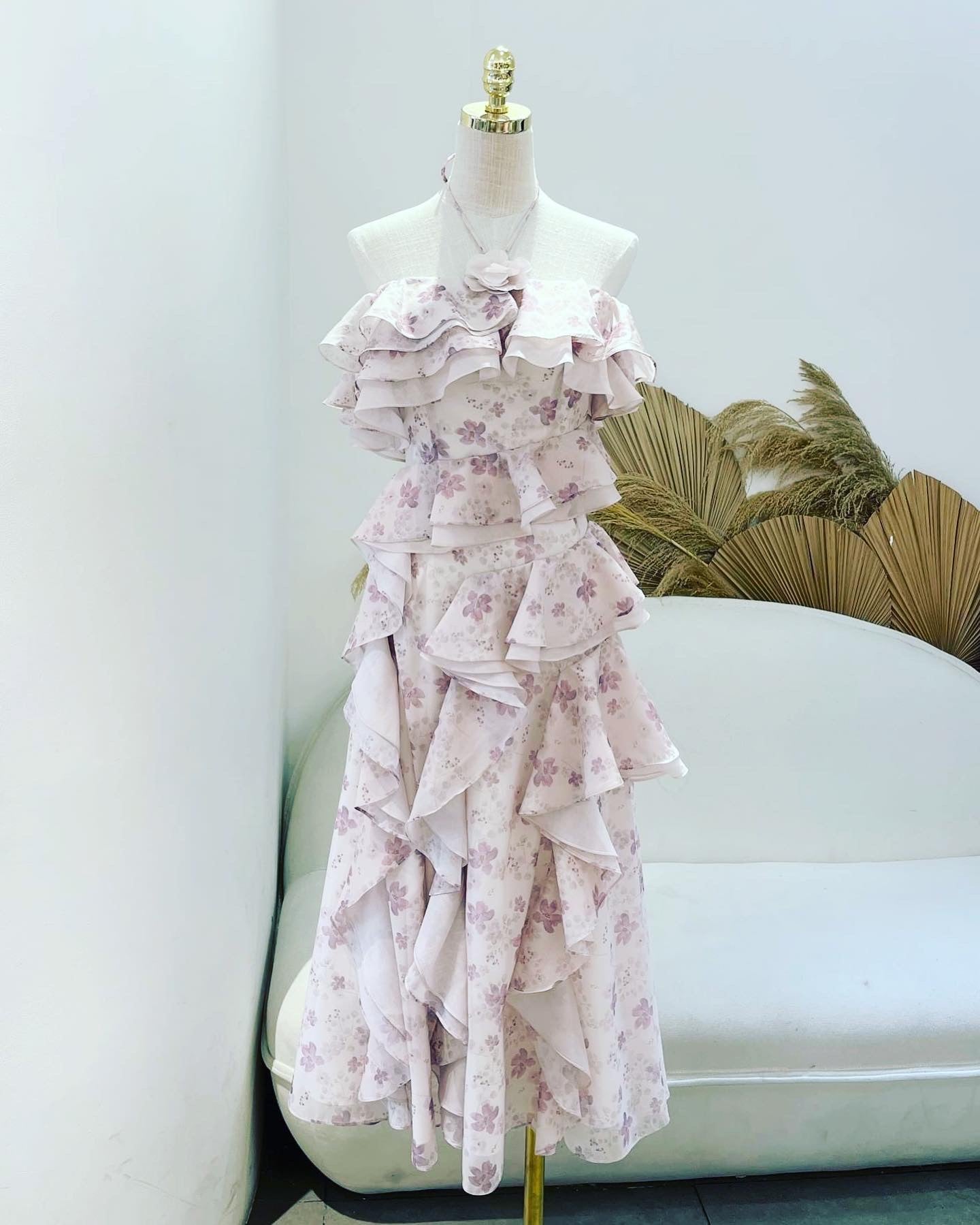 Sara - elegant off shoulder blue floral midi dress