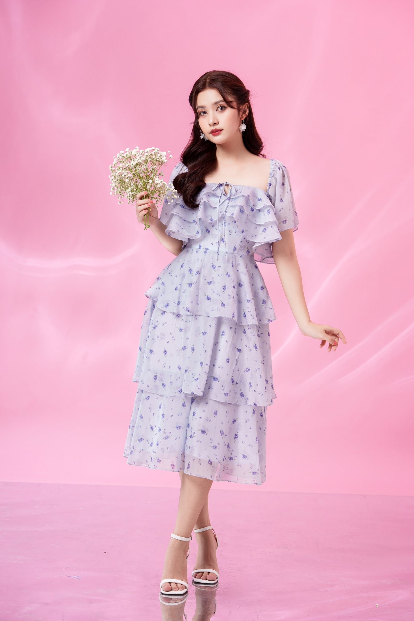 Camilla - printed floral violet midi dress