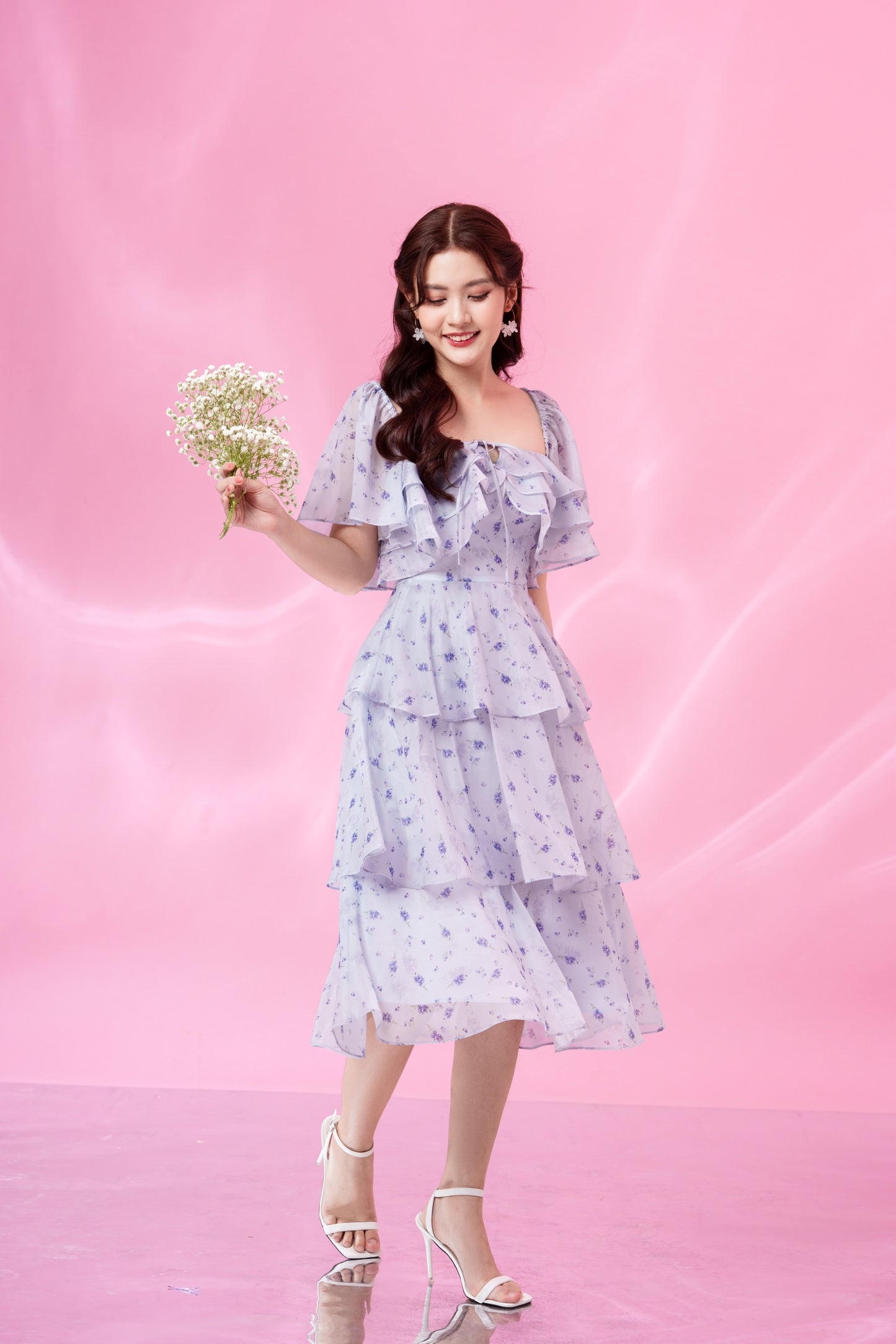 Camilla - printed floral violet midi dress