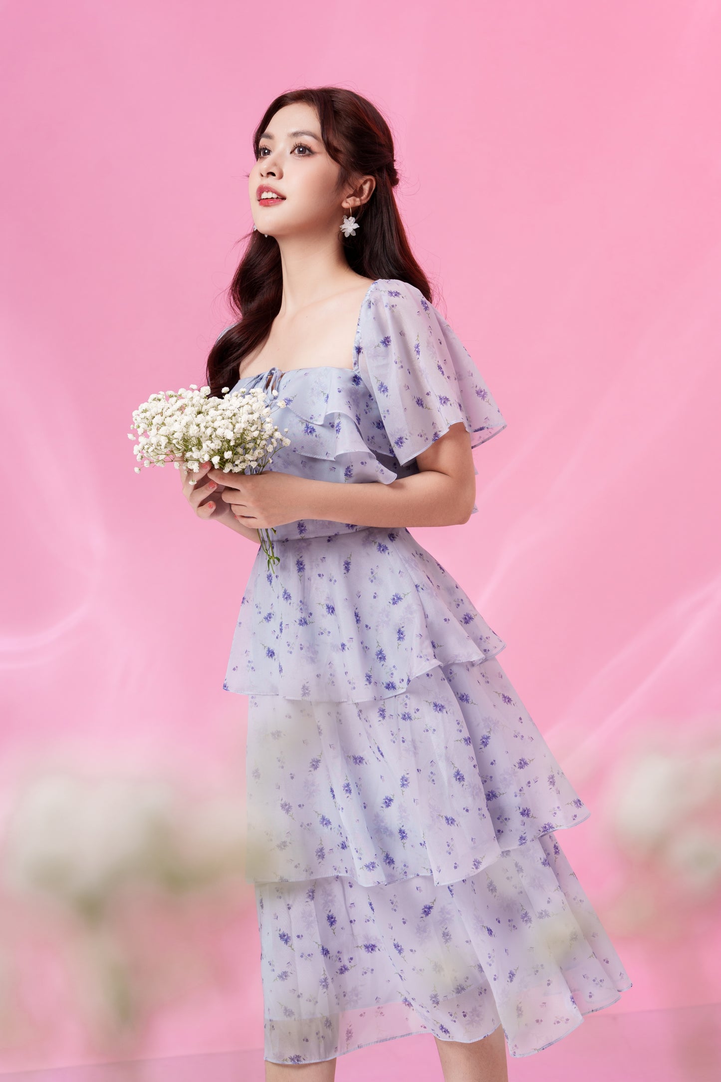 Camilla - printed floral violet midi dress