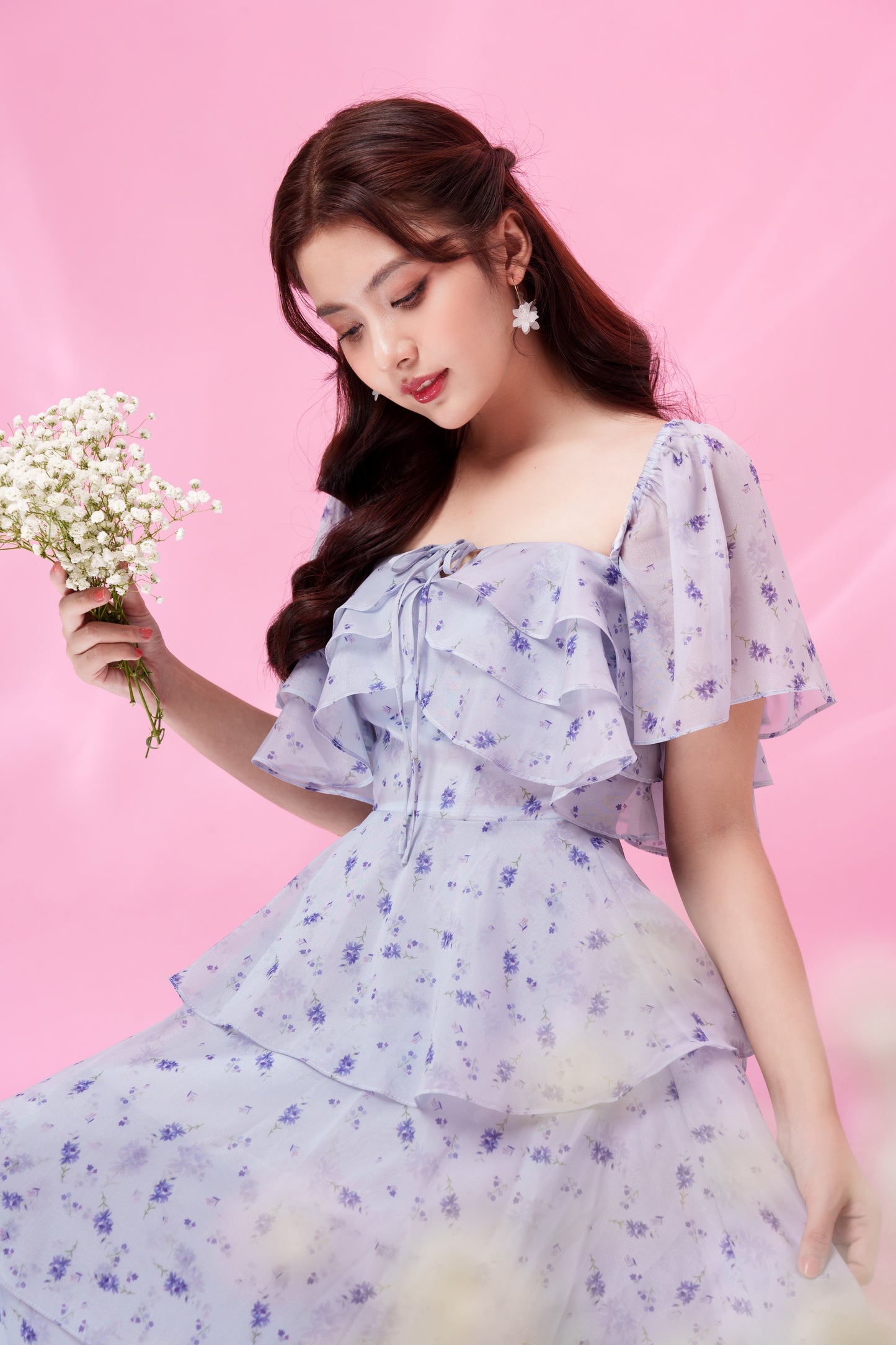 Camilla - printed floral violet midi dress