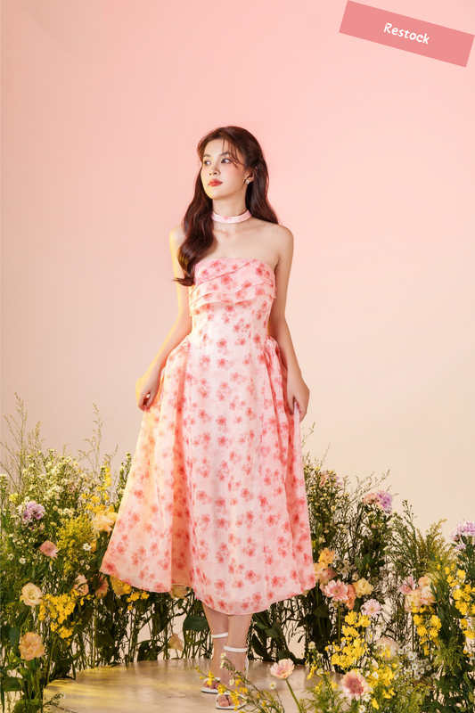 Peony Charm - pink mini floral strapless dress