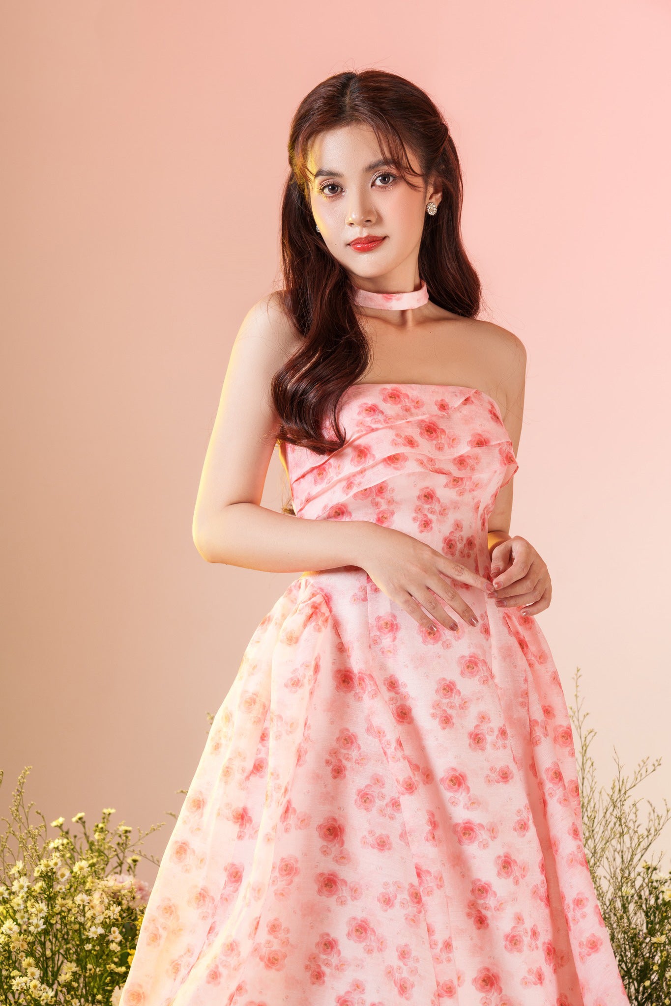 Peony Charm - pink mini floral strapless dress