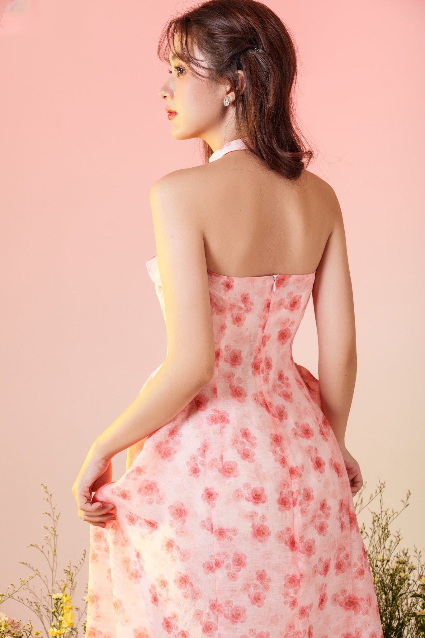 Peony Charm - pink mini floral strapless dress