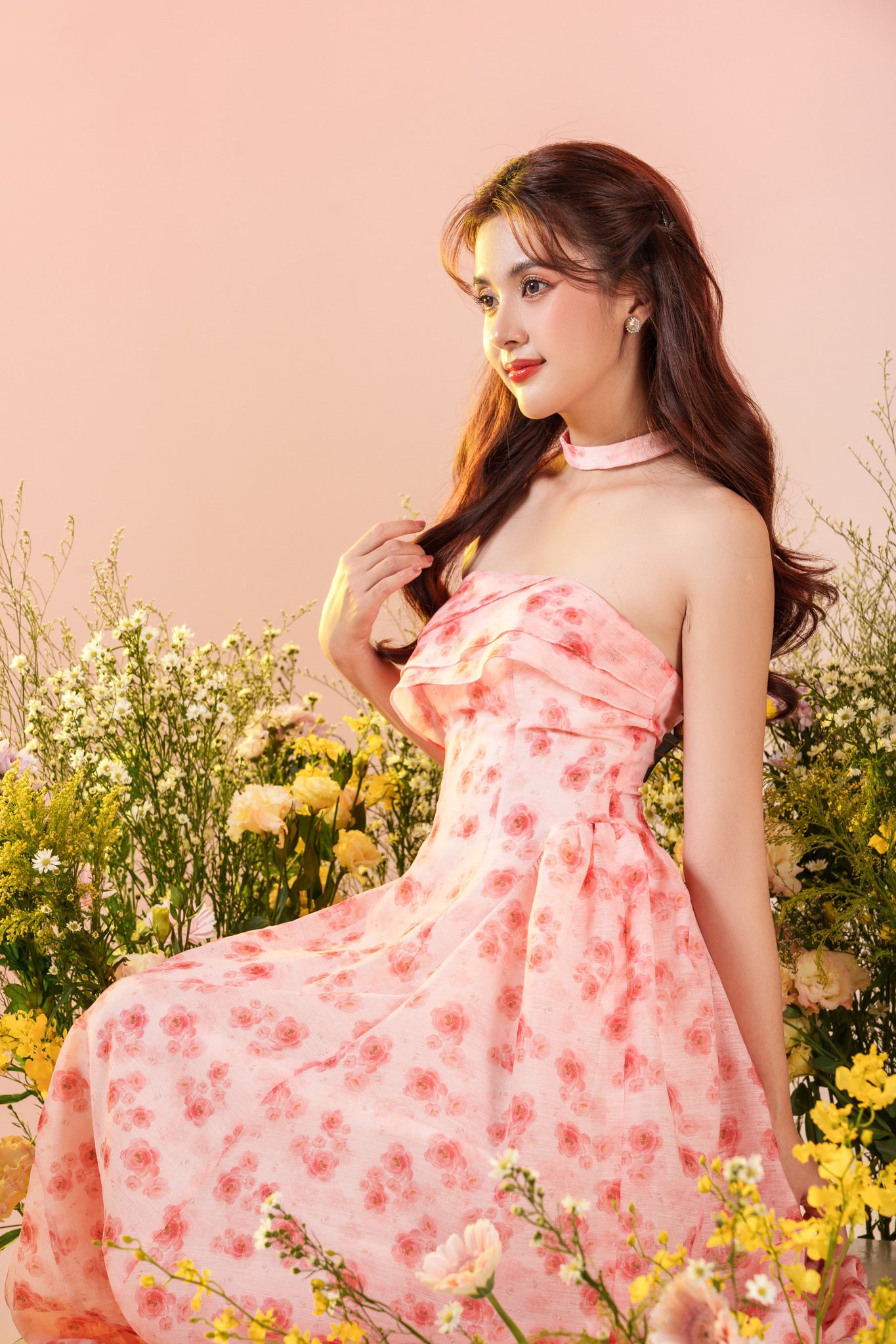 Peony Charm - pink mini floral strapless dress