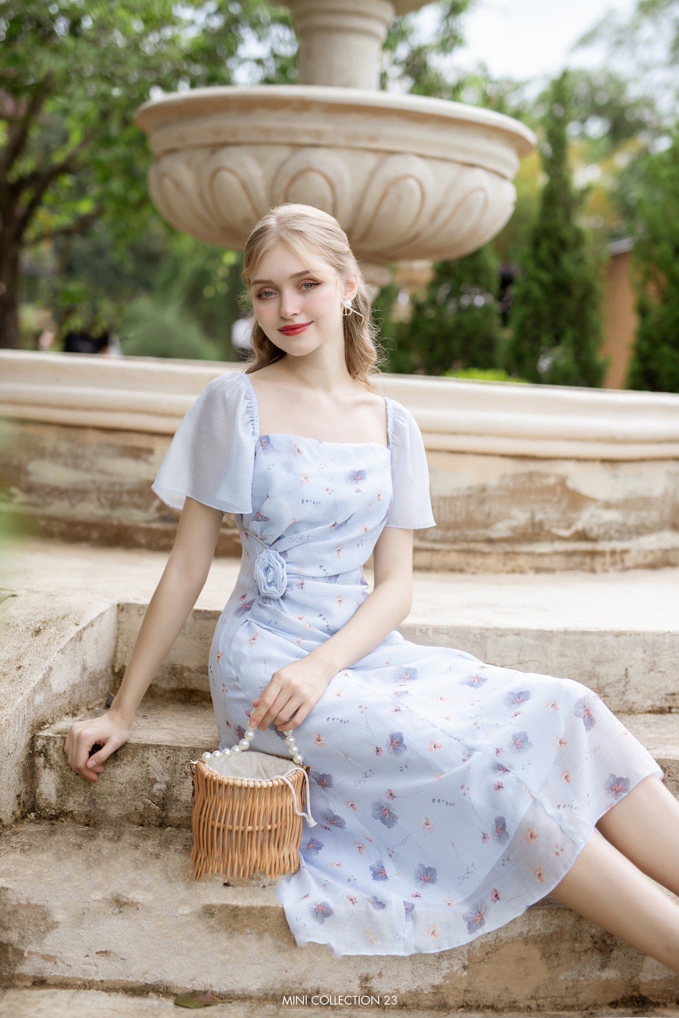 Ixora - short sleeve one side flower midi dress
