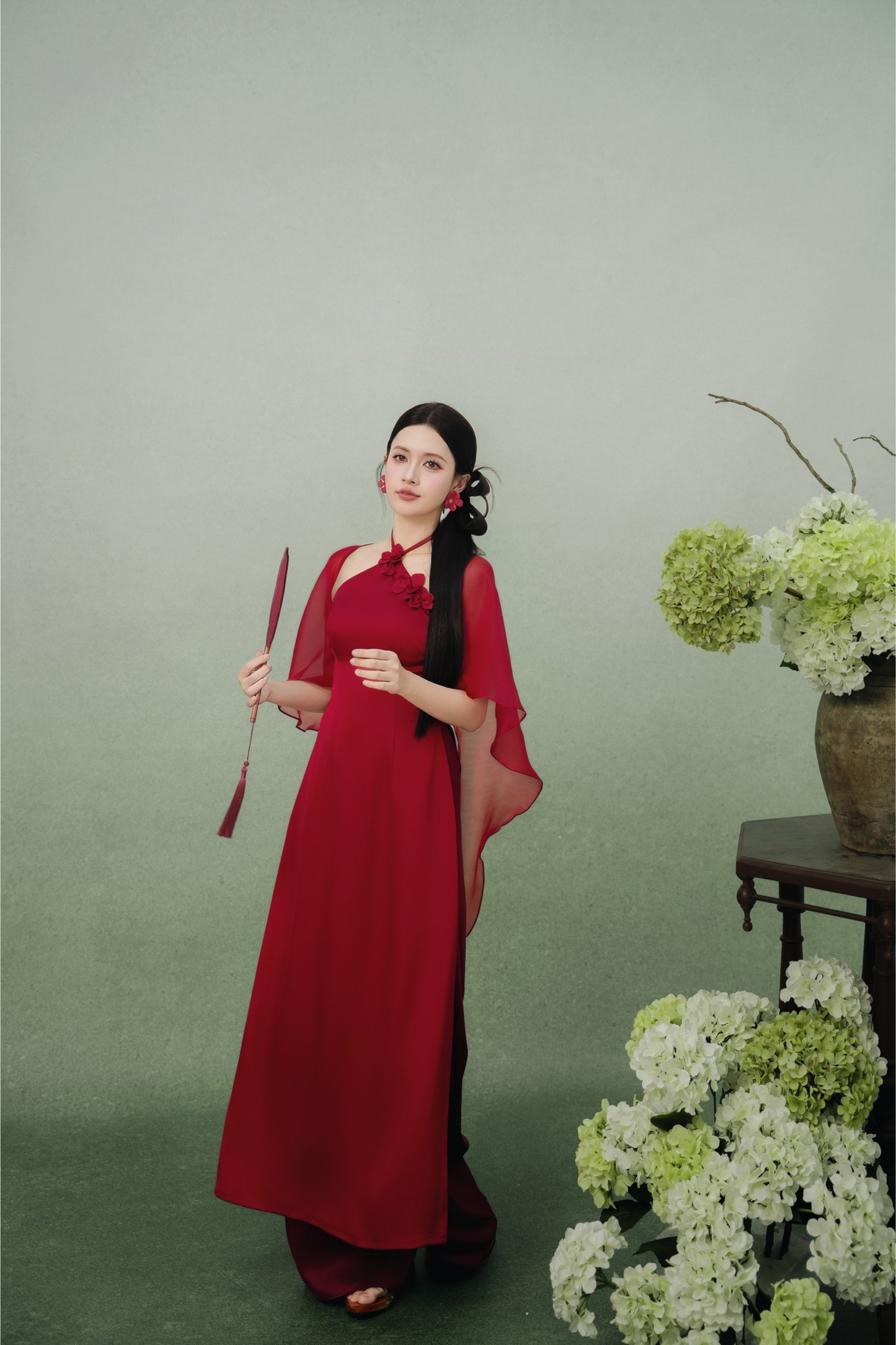 Mai - Red Halter Neck Modern Ao Dai (with pants and shawl)