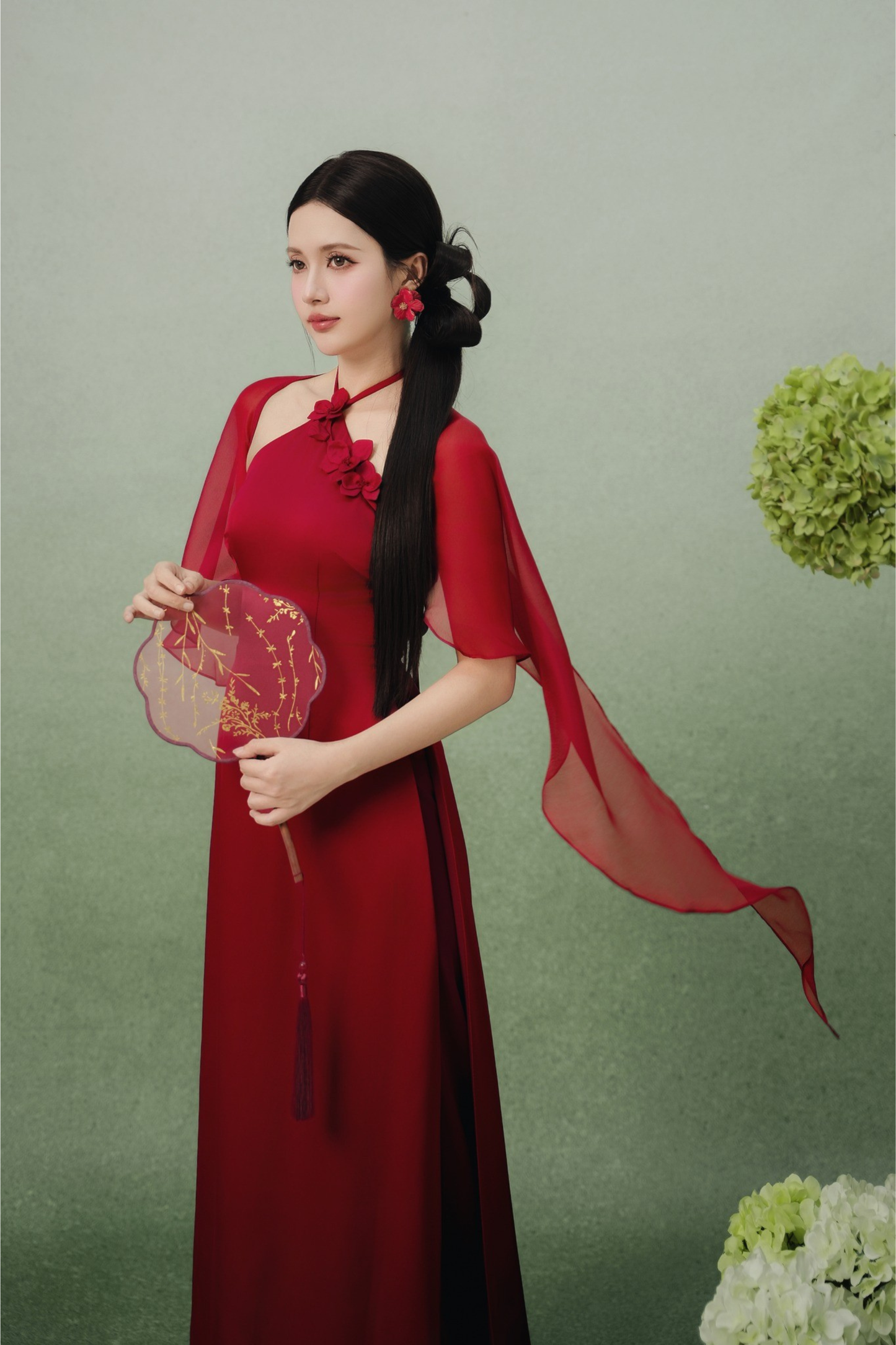 Mai - Red Halter Neck Modern Ao Dai (with pants and shawl)