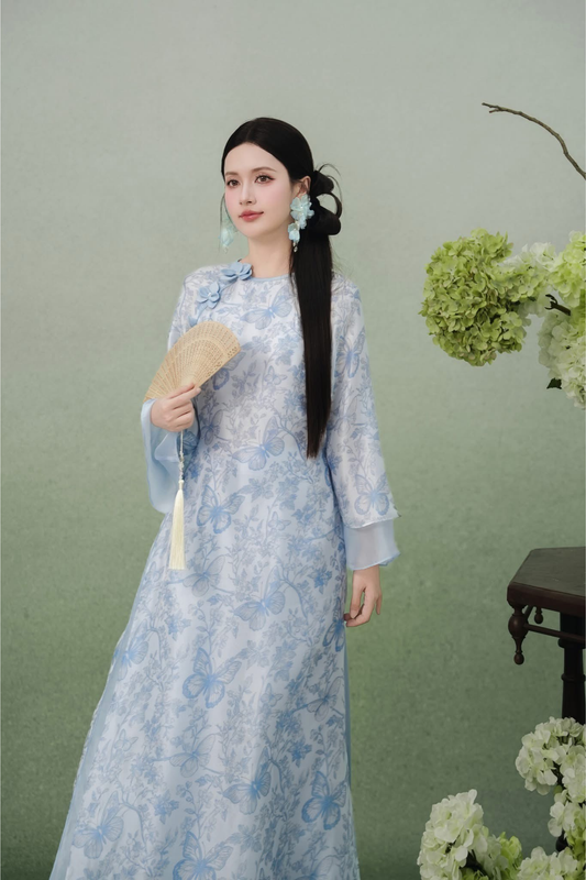 Lam Diep - Blue and White Floral Modern Ao Dai (with Pants)