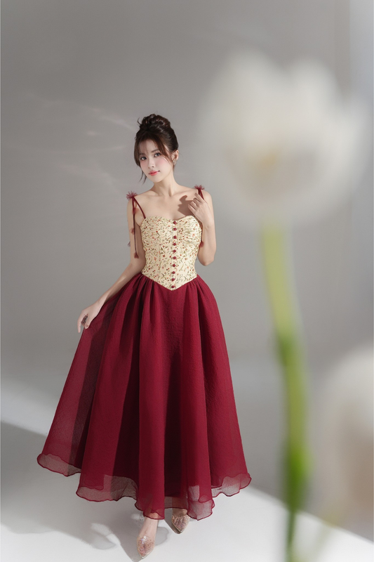 Scarlett Dress - Burgundy Mini Floral Pattern Vintage Maxi Dress