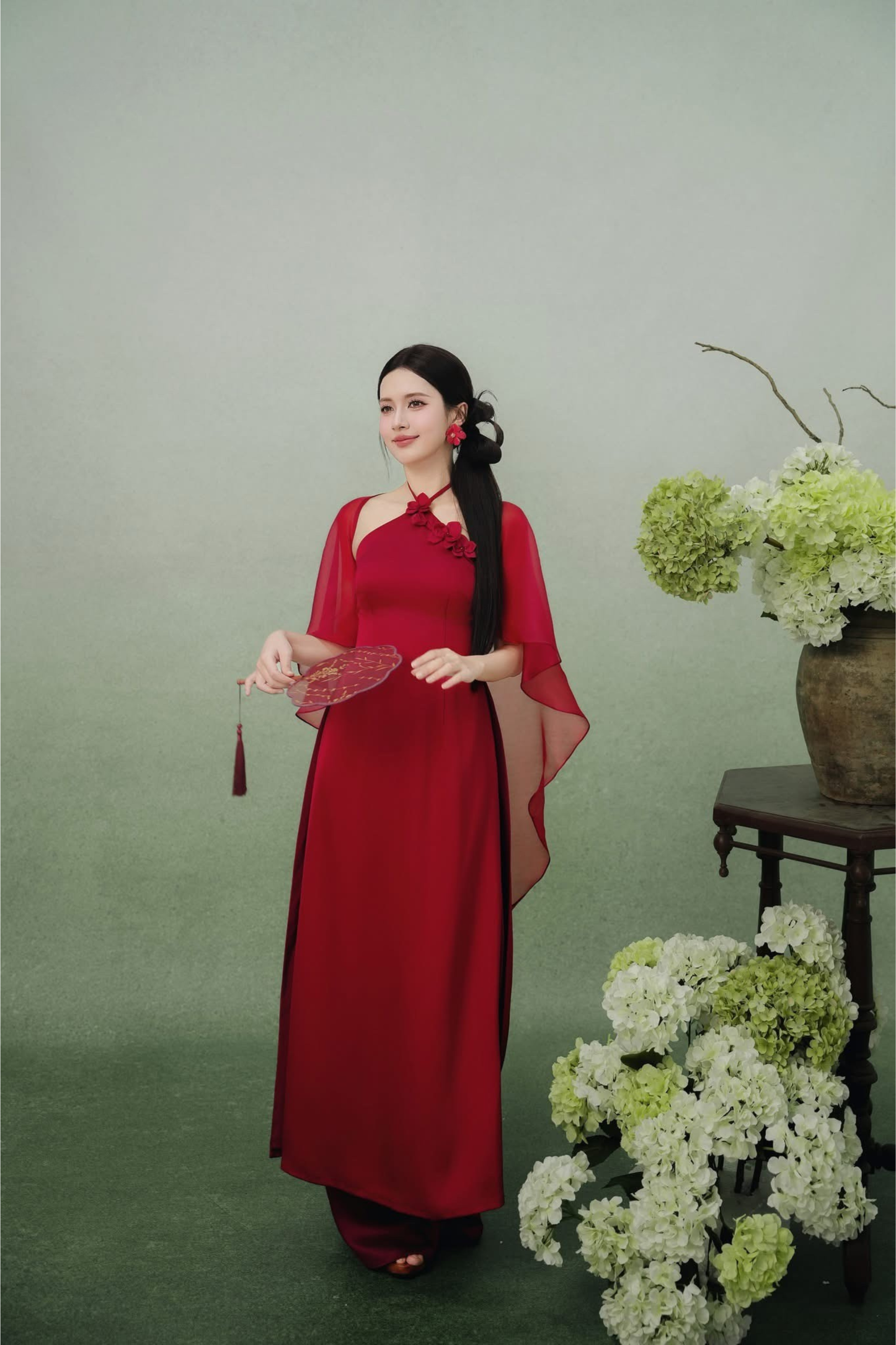 Mai - Red Halter Neck Modern Ao Dai (with pants and shawl)